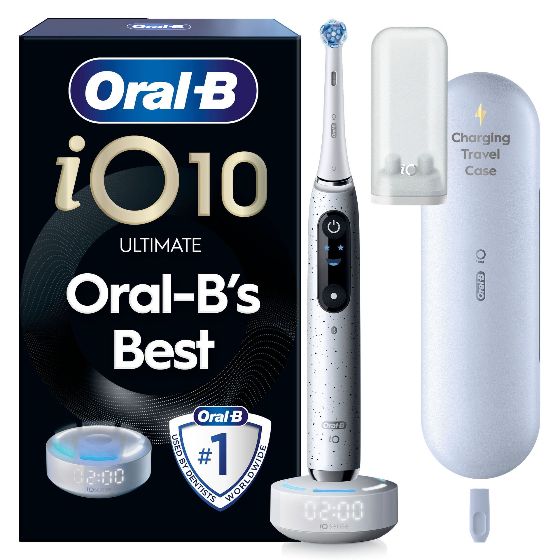iO 10 Eltandborste Vit med Magnetisk snabbladdare, Resefodral & Borsthuvudshållare