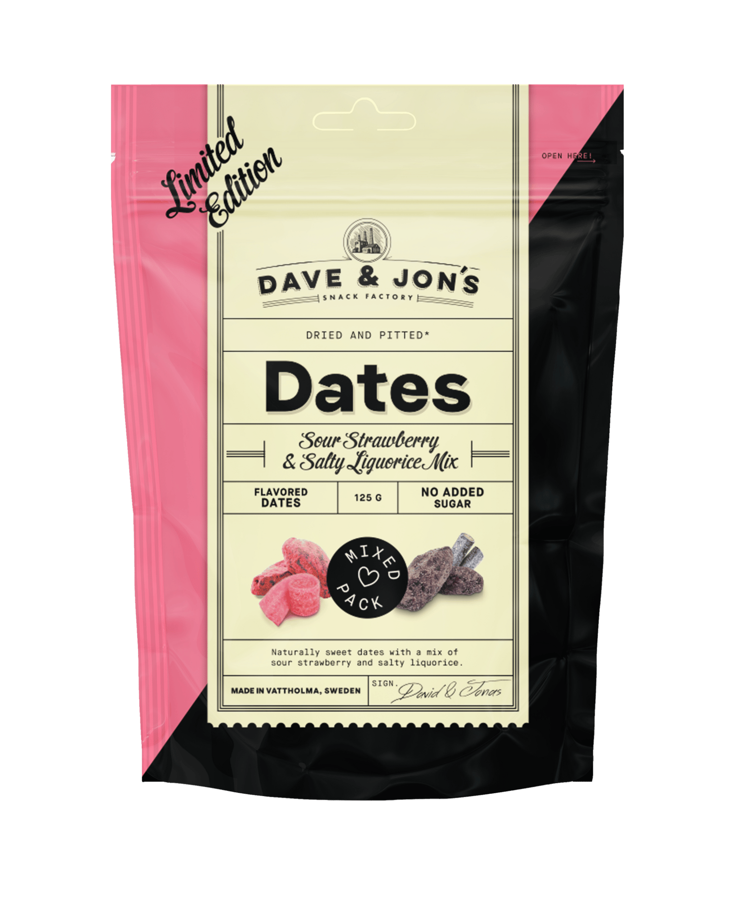 Dave & Jon´s Dadlar Sour Strawberry & Salty Liquorice Mix 125 g