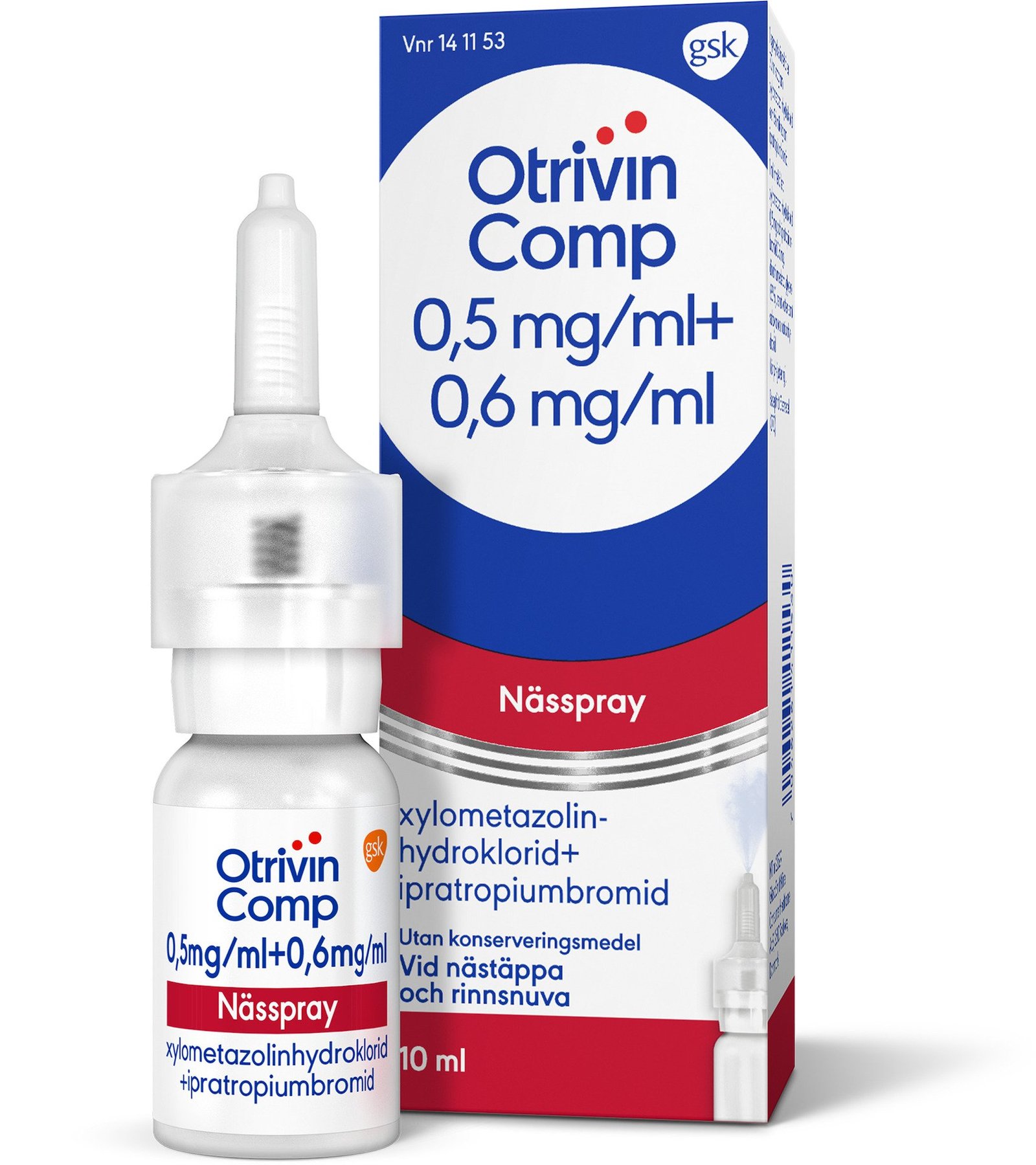 Otrivin Comp Nässpray lösning 0,5 mg/ml + 0,6 mg/ml 10 ml