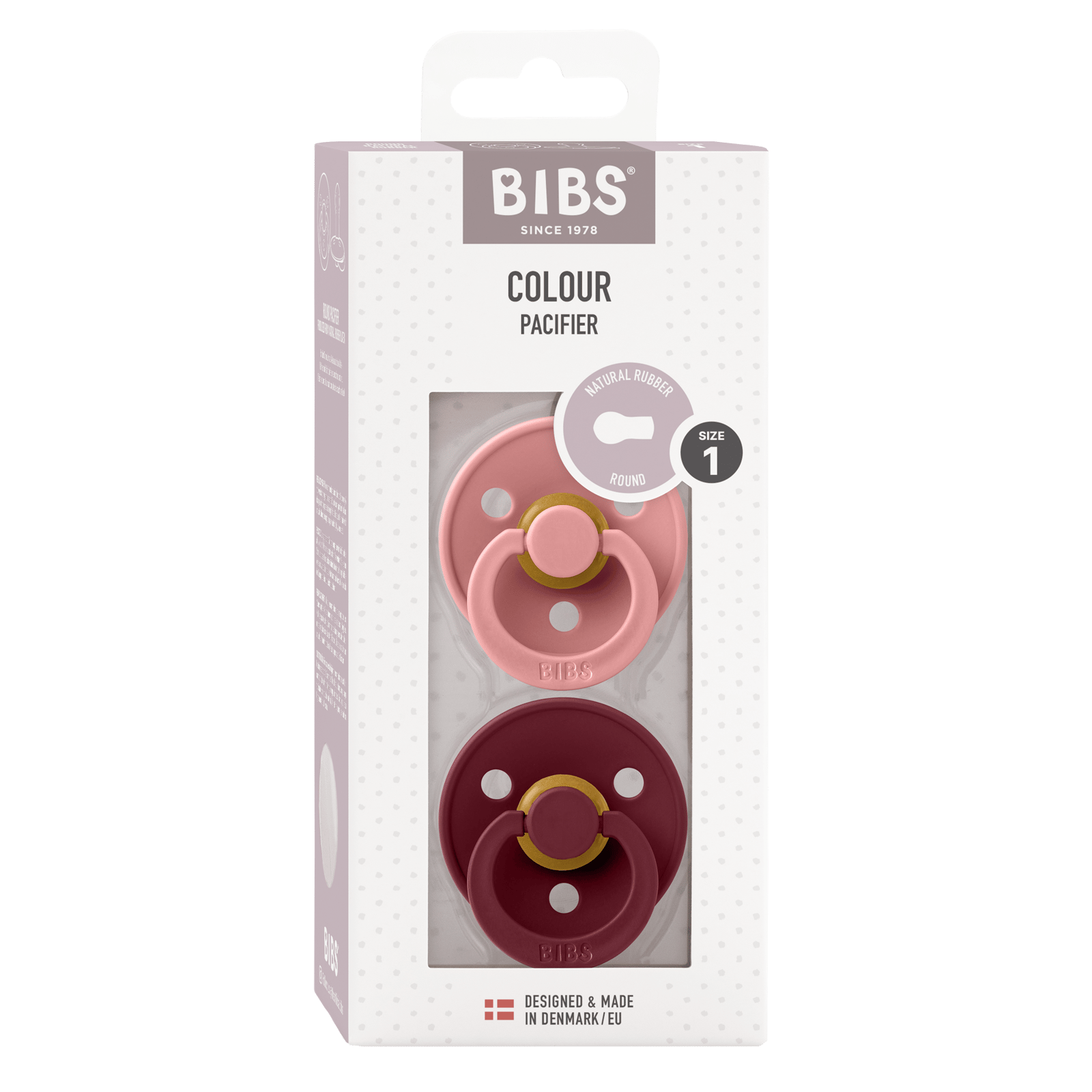 BIBS Colour Latex Size 1 Round Dusty Pink/Elderberry 2 st