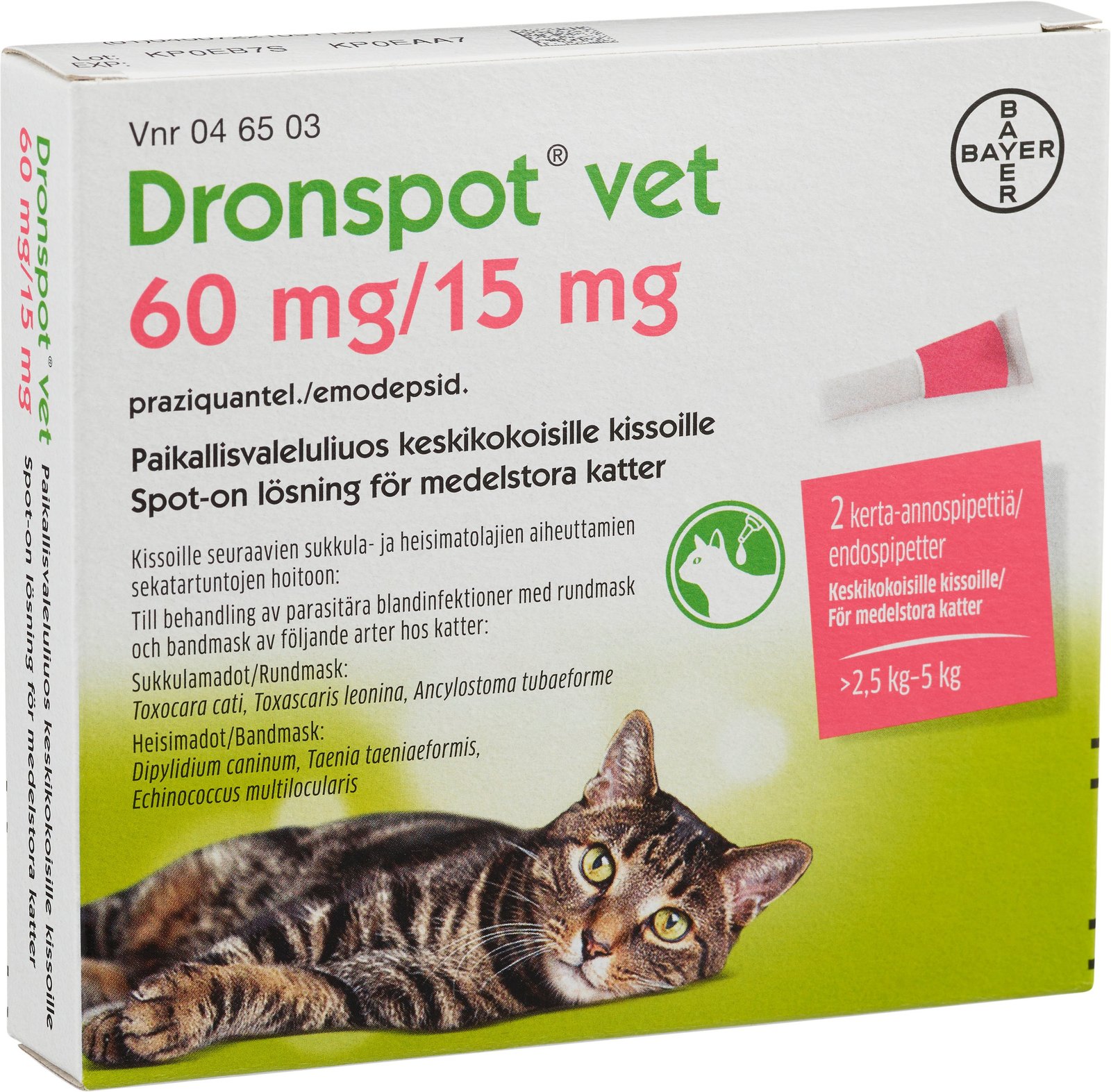 Dronspot Vet 60 mg/ 15 mg Spot-on lösning för medelstora katter 2 x 0,70 ml