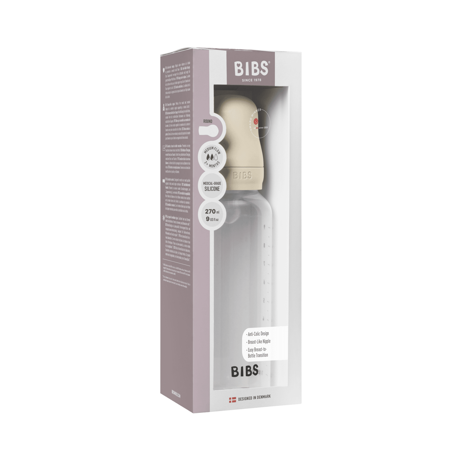 BIBS Baby Bottle Round Silicone Medium Flow Ivory 270 ml