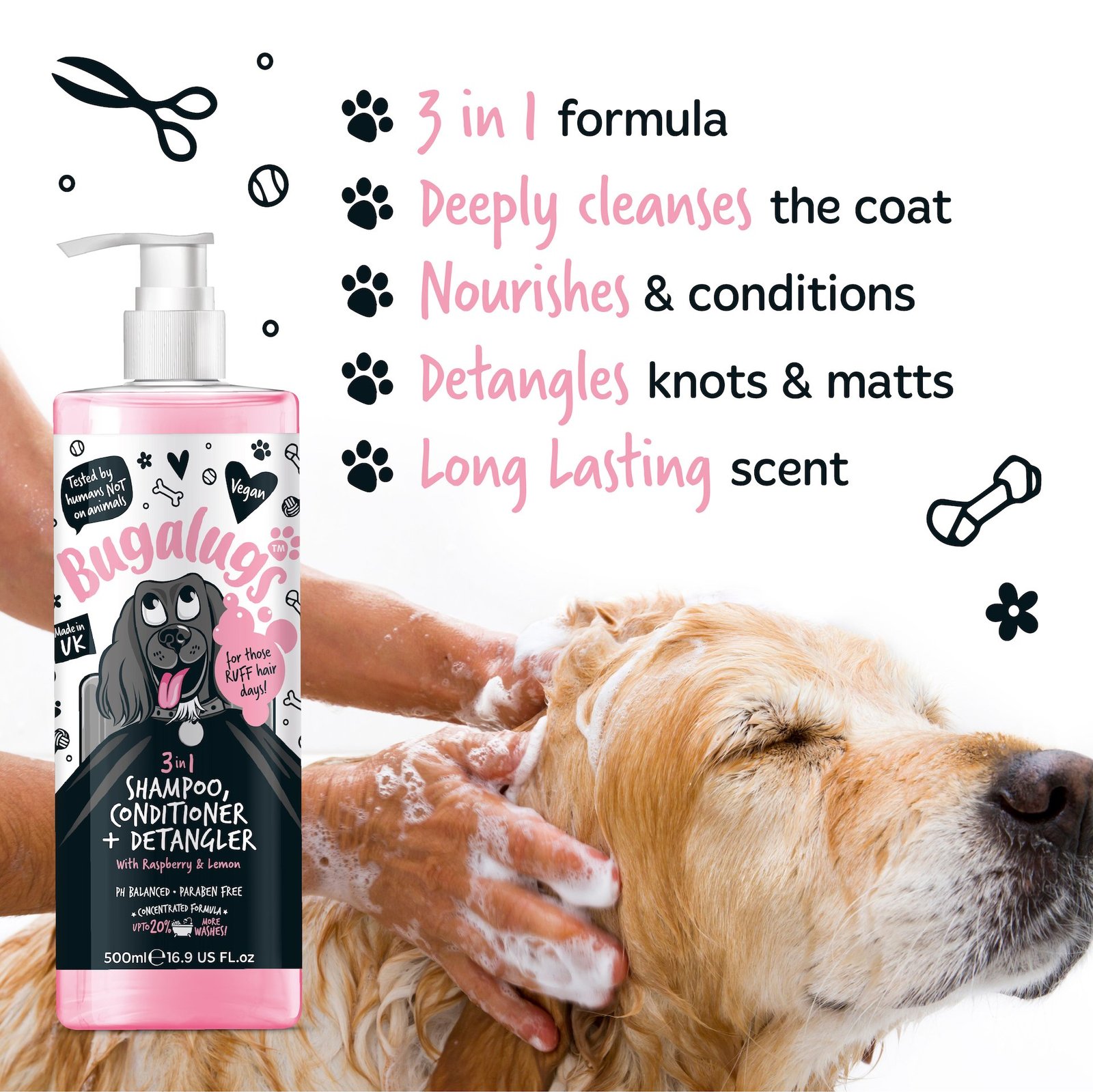 Bugalugs 3in1 Dog Shampoo, Conditioner & Detangler 500 ml