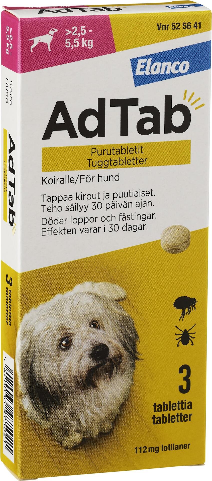 AdTab 112mg Fästingmedel Hund 2,5-5,5kg 3 tuggtabletter