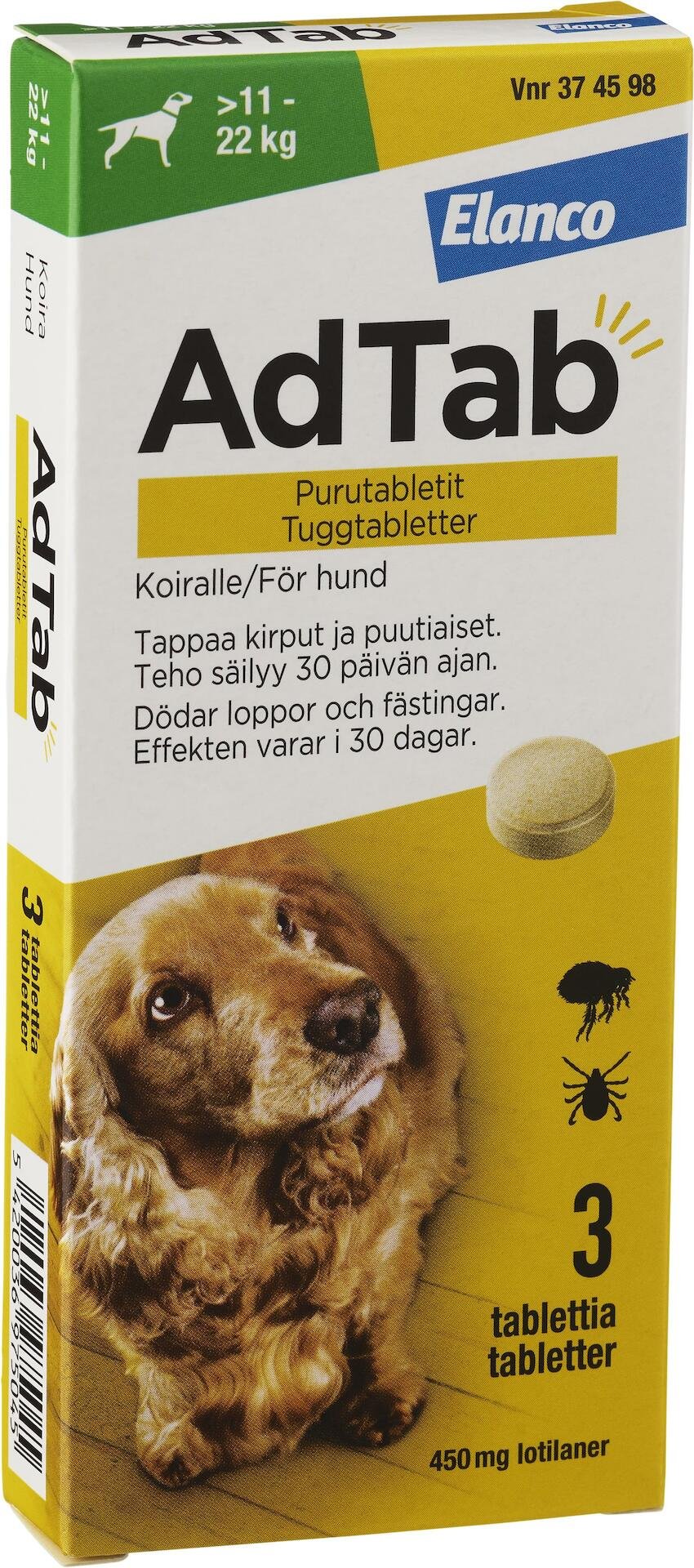 AdTab 450mg Fästingmedel Hund 11-22kg 3 tuggtabletter