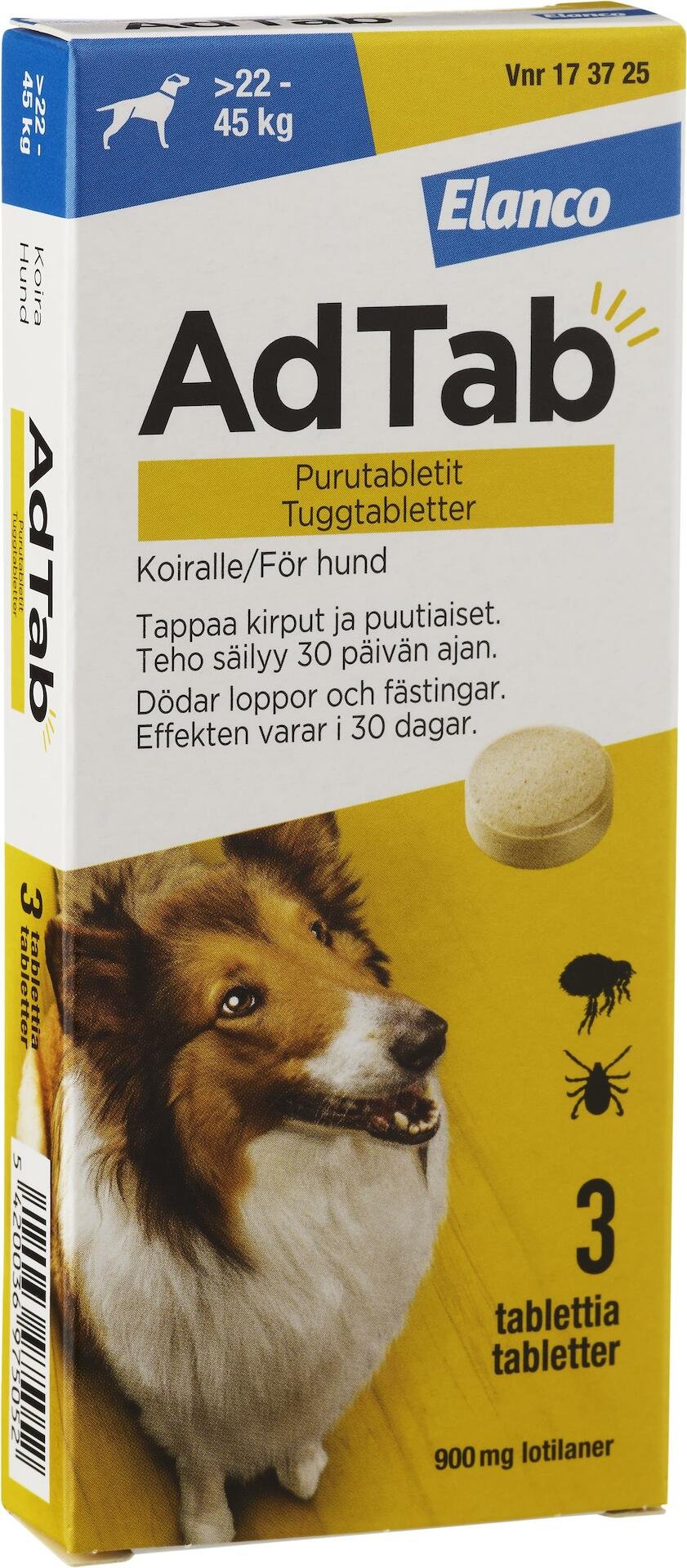 AdTab 900mg Fästingmedel Hund 22-45kg 3 tuggtabletter