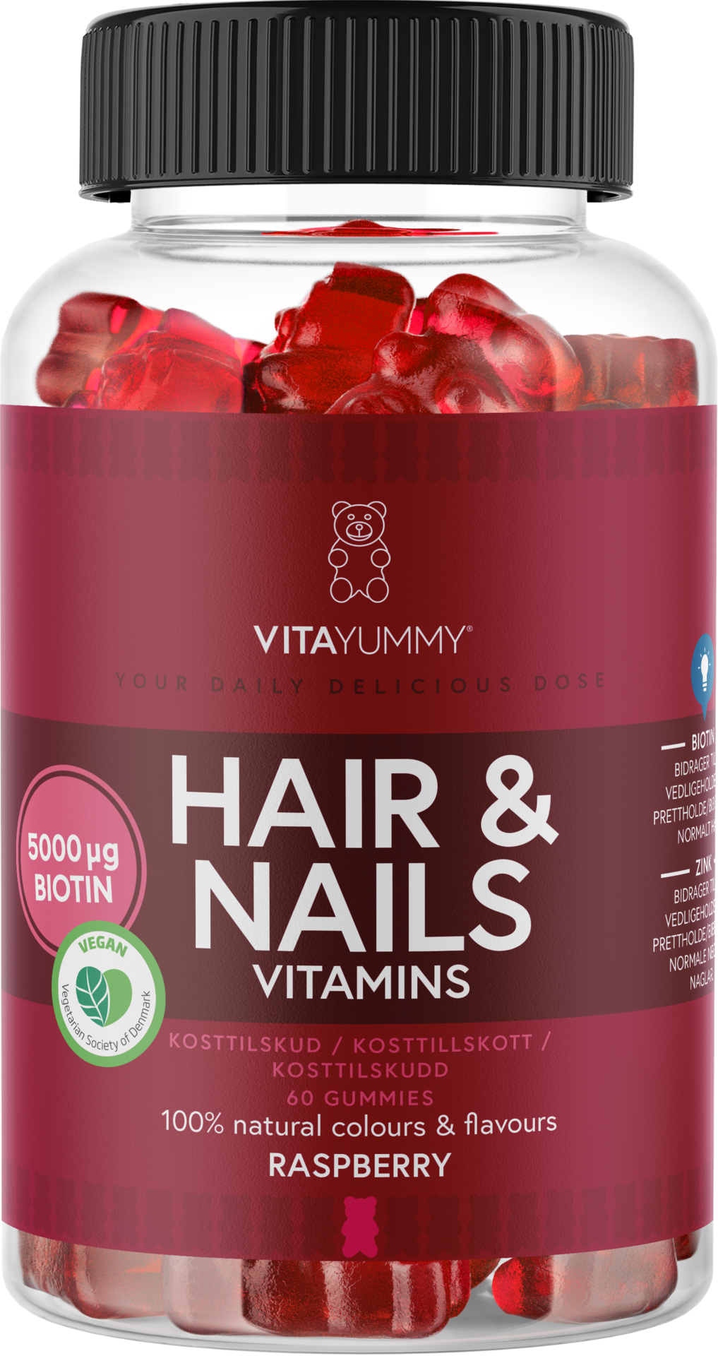 VitaYummy Hair & Nails Vitamins Raspberry 60 tuggtabletter