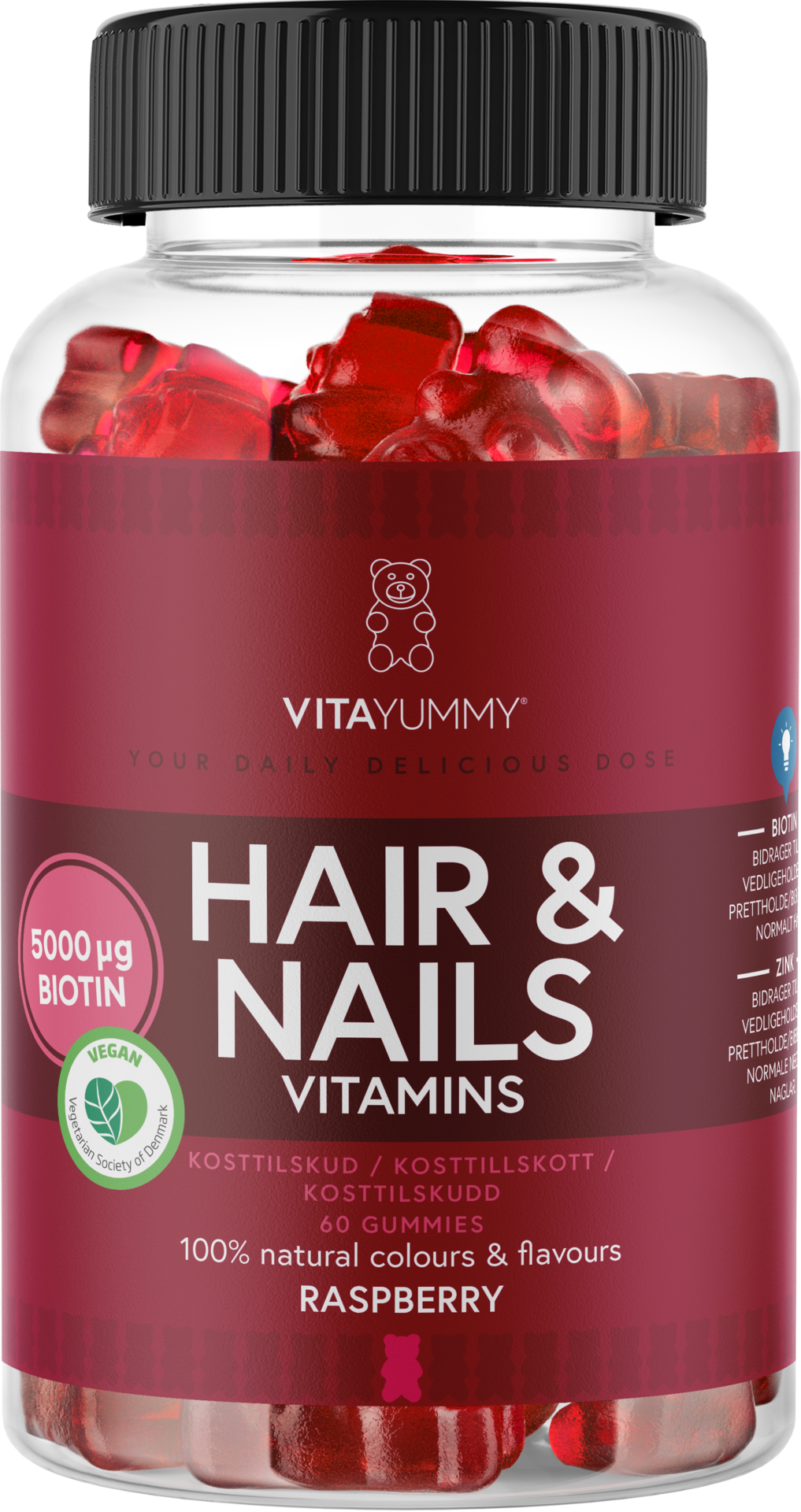 VitaYummy Hair & Nails Vitamins Raspberry 60 tuggtabletter