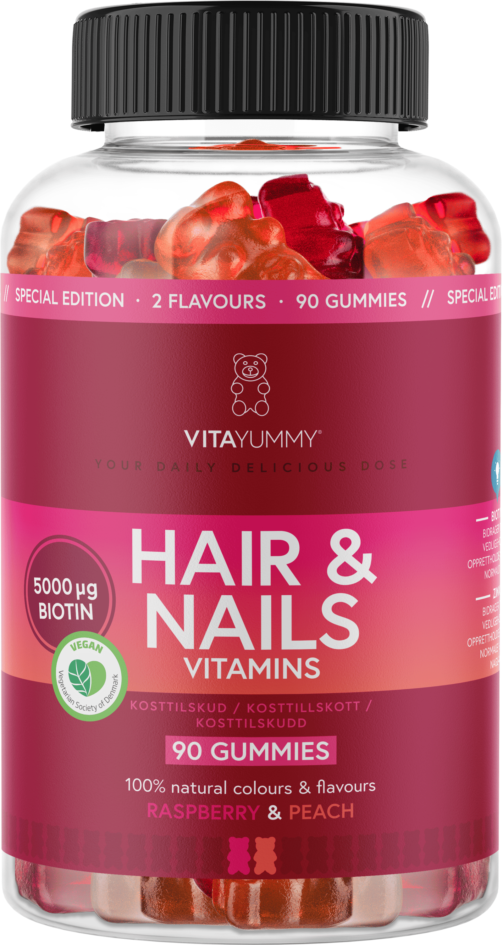 Vitayummy Hair & Nails Raspberry & Peach Mix 90 tuggtabletter