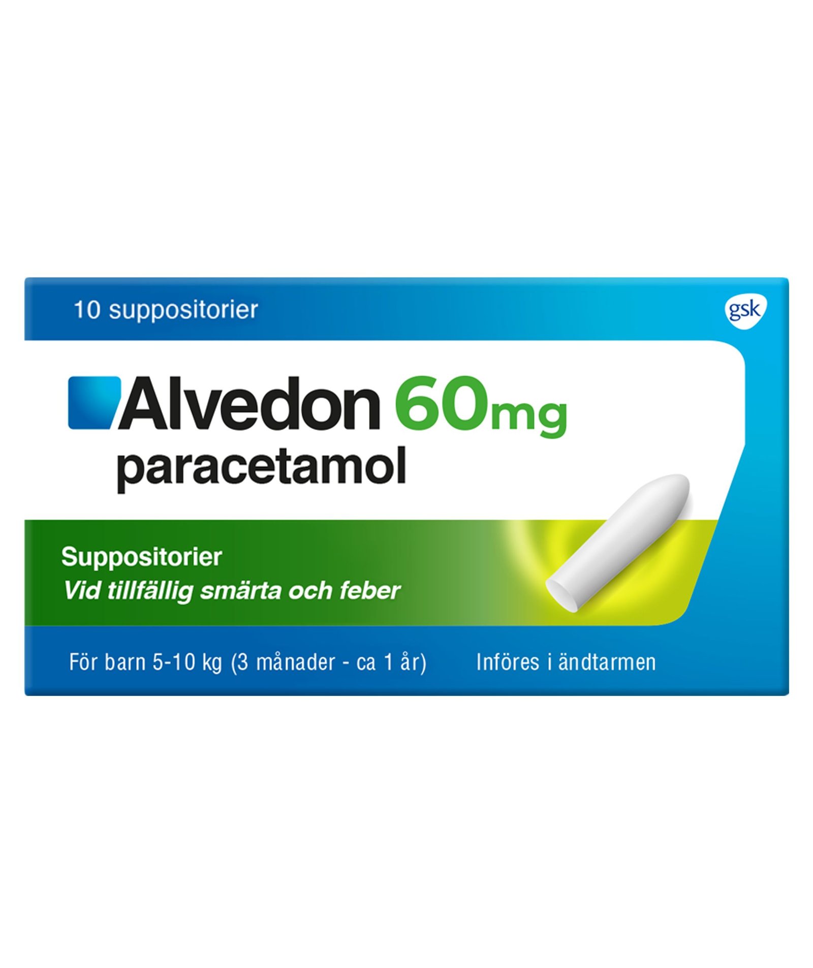 Alvedon Suppositorium 60mg paracetamol (för barn 5-10 kg) 10 st