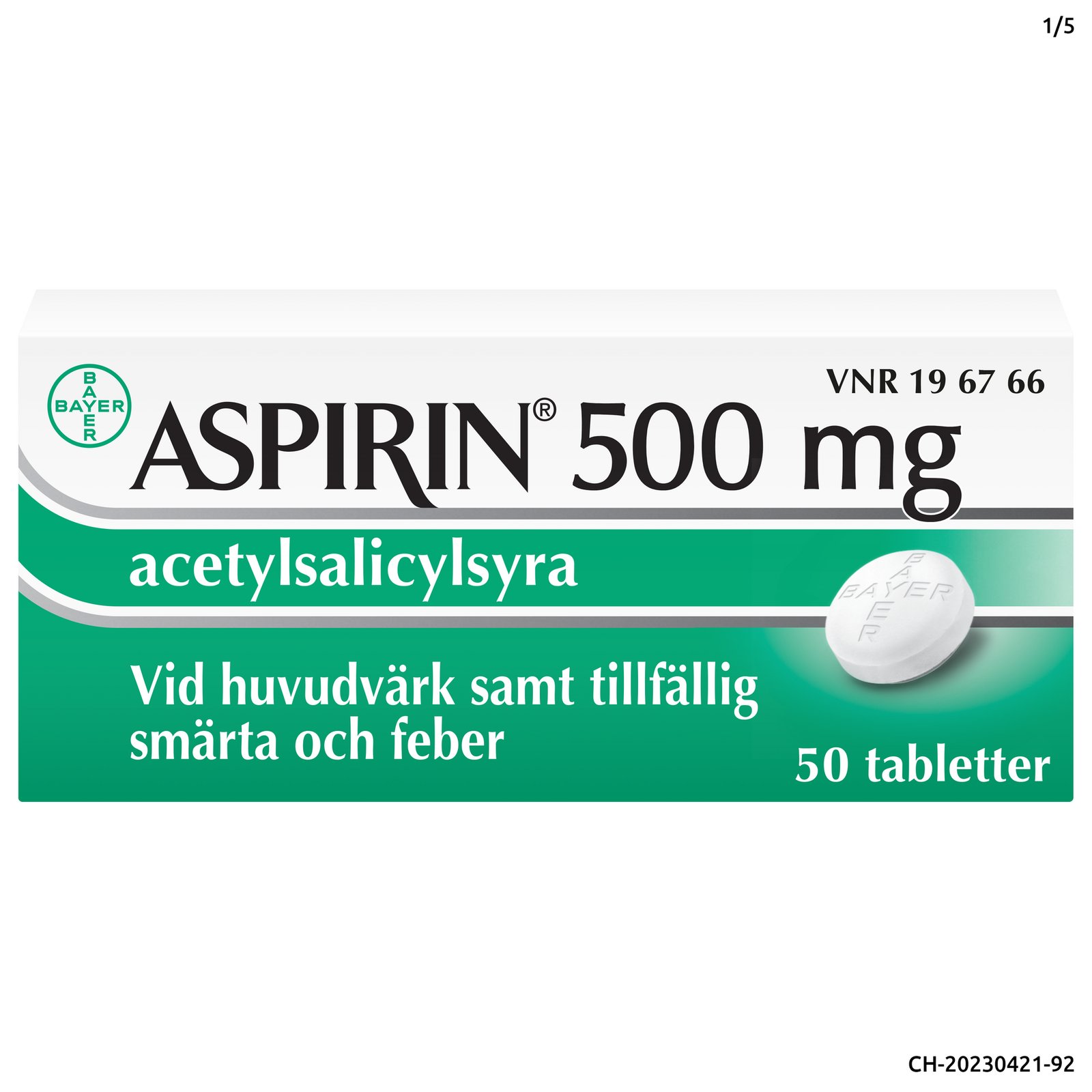 Aspirin 500 mg Acetylsalicylsyra 50 tabletter