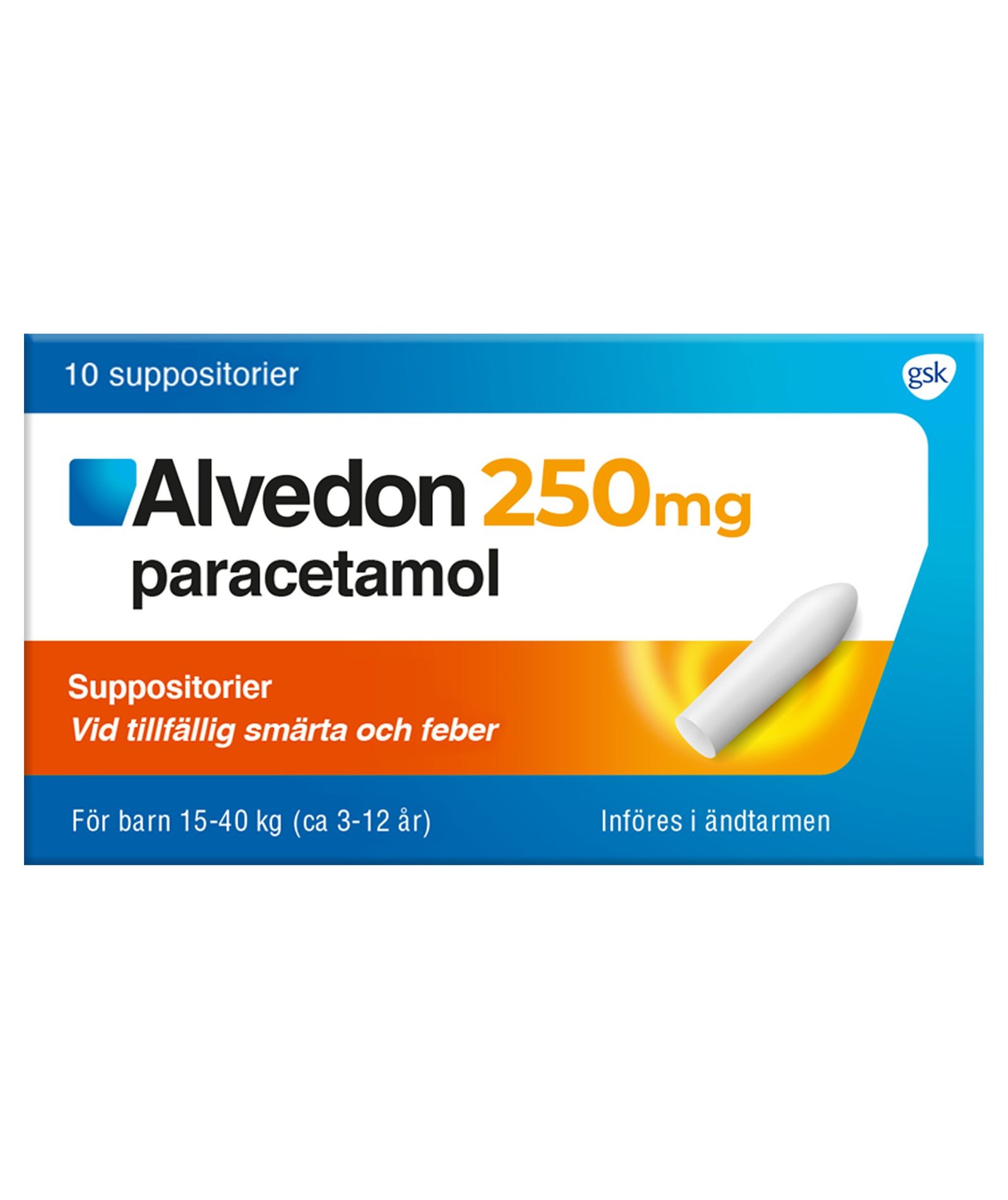 Alvedon Suppositorium 250mg paracetamol (för barn 15-40kg) 10 st