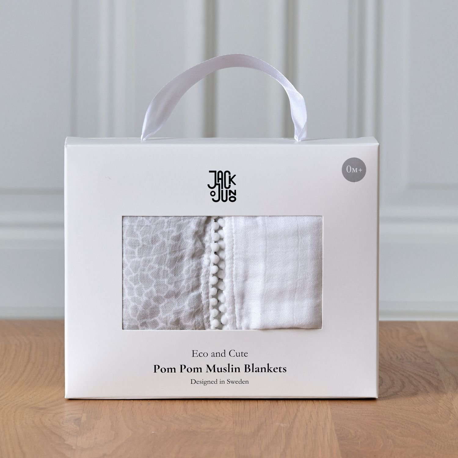 Jack o Juno Pom Pom Muslin Blankets Pearl & Giraffe Gray 2-pack