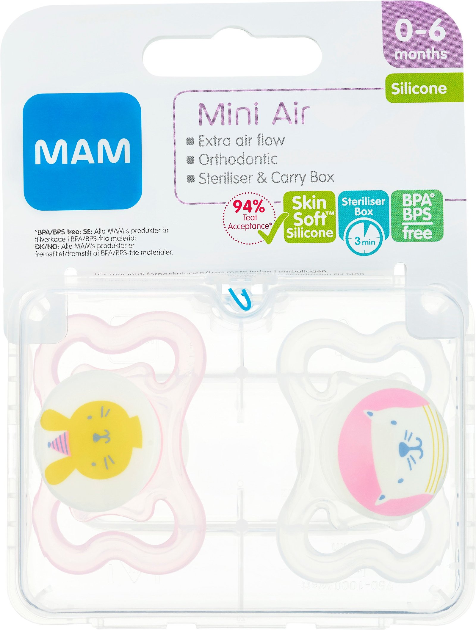 MAM Mini Air Nappar 0-6 Månader Silikon 2 st - Olika färger