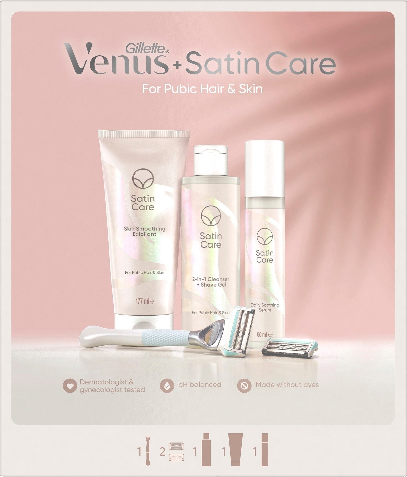 Venus & Satin Care, rakhyvel för Intimområdet, 2 rakblad, 2-i-1 rakgel, exfoliant och serum