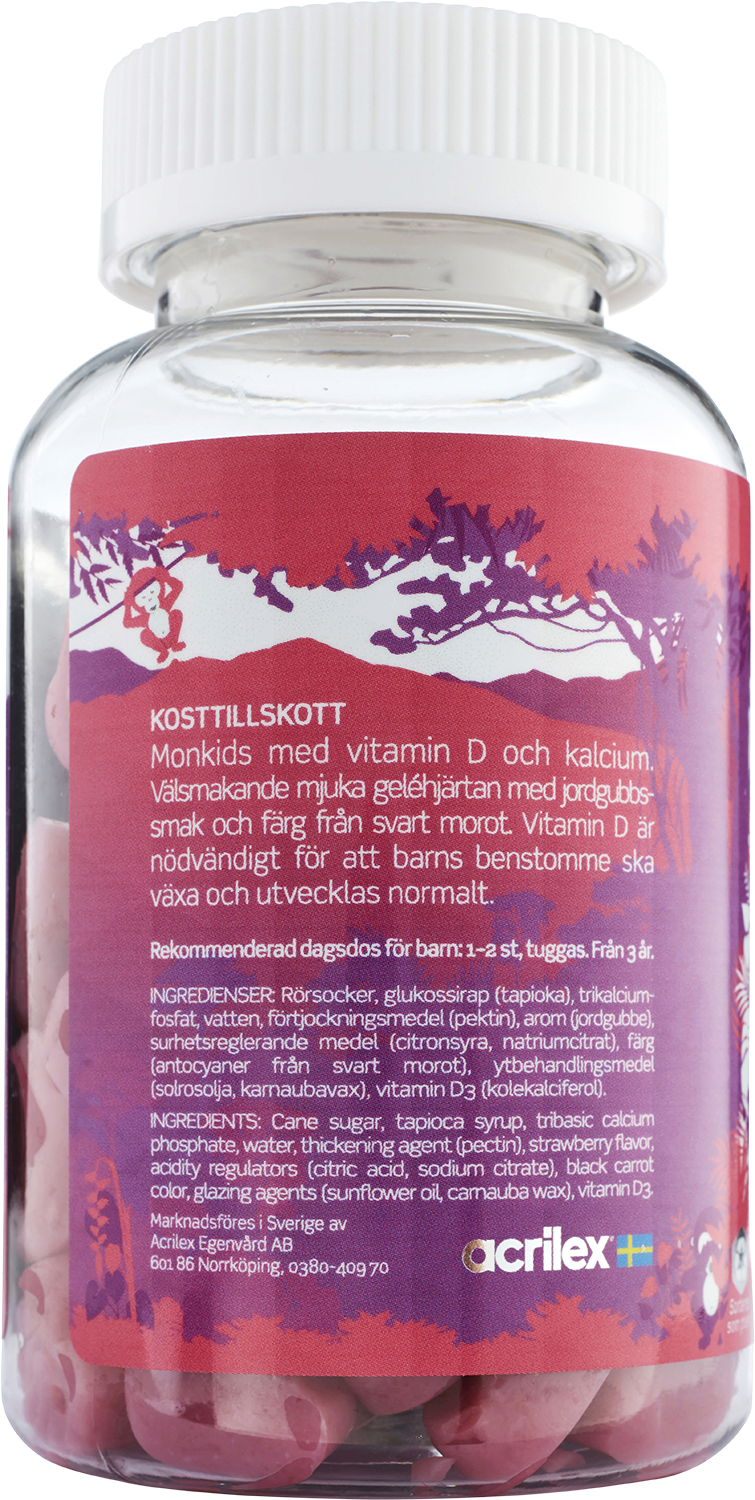 Monkids D-vitamin + Kalcium Barn Jordgubb 60 tuggtabletter