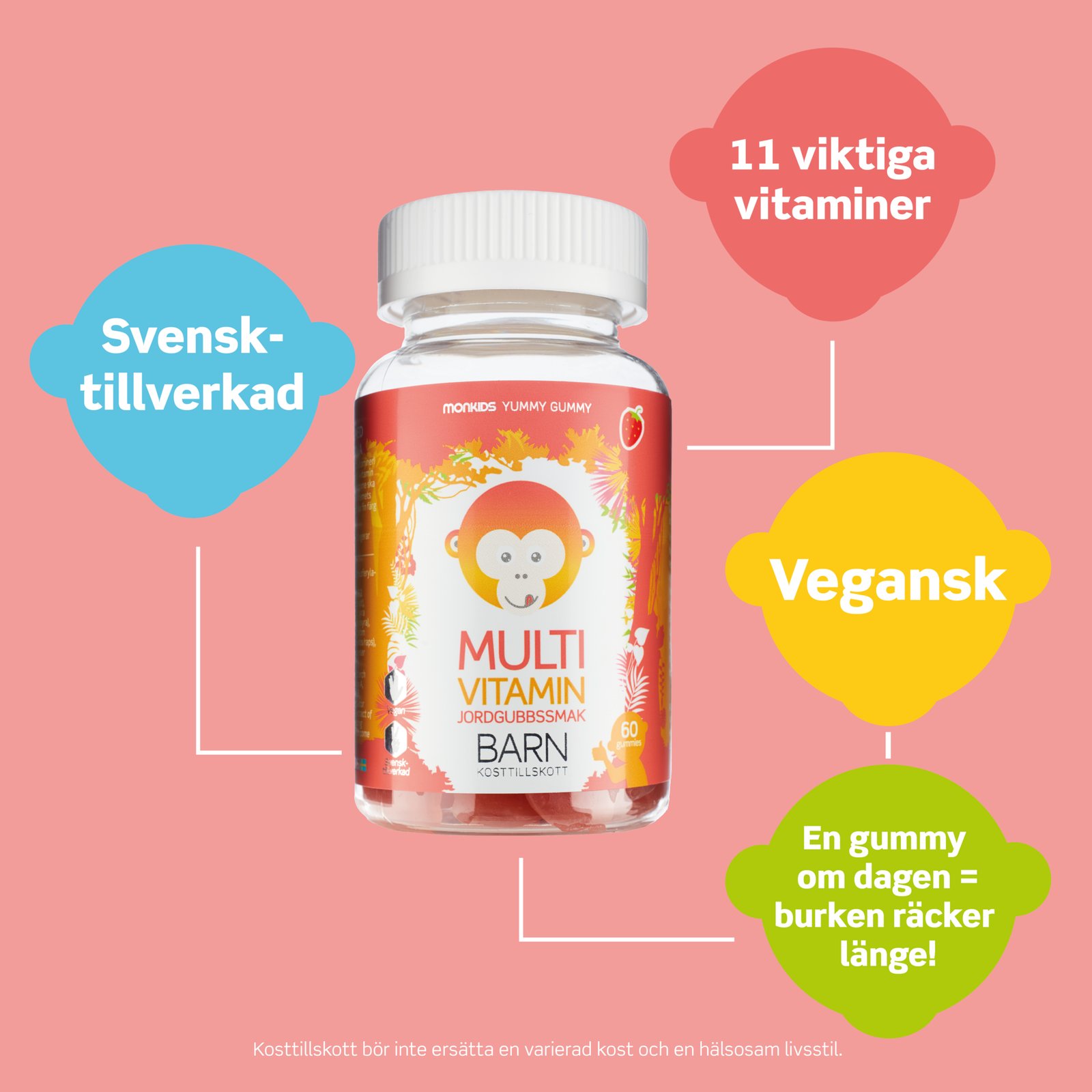 Monkids Multivitamin Jordgubb Barn 60 tuggtabletter