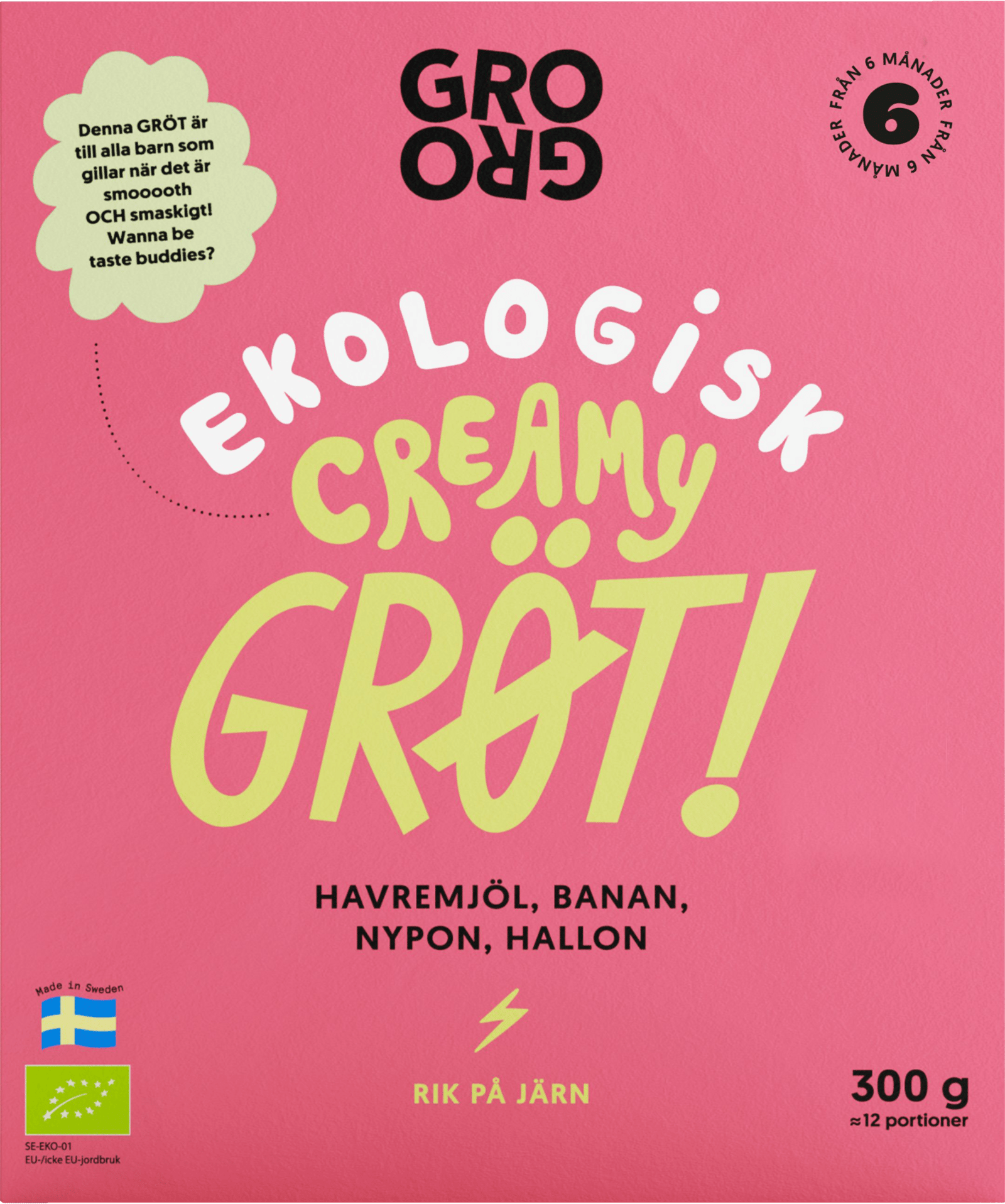 GroGro Creamy Pulvergröt Hallon & Banan 300g
