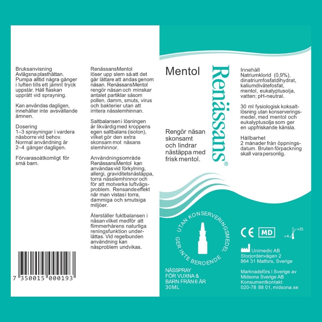 Renässans Nässpray koksaltlösning mentol 30 ml