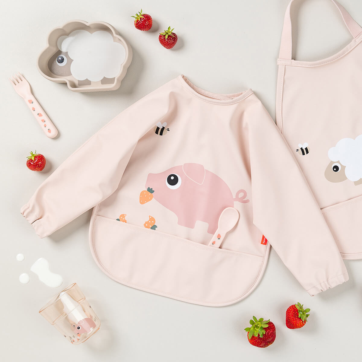 Done by Deer Sleeved Pocket Bib Tiny Farm Powder