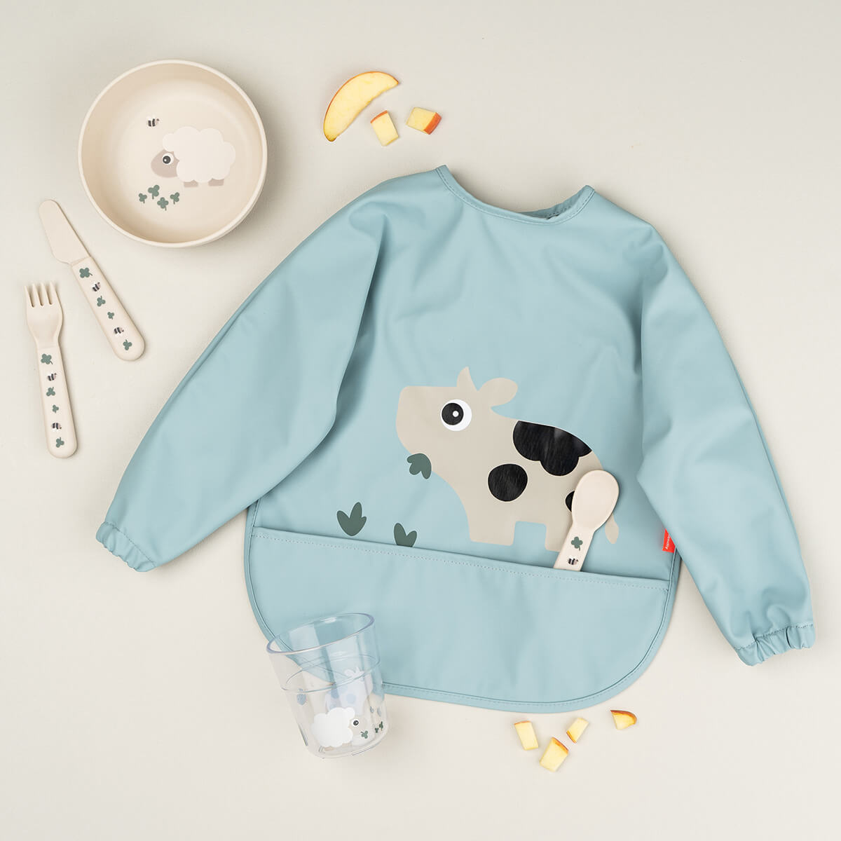 Done by Deer Sleeved pocket Bib Tiny Farm Blue