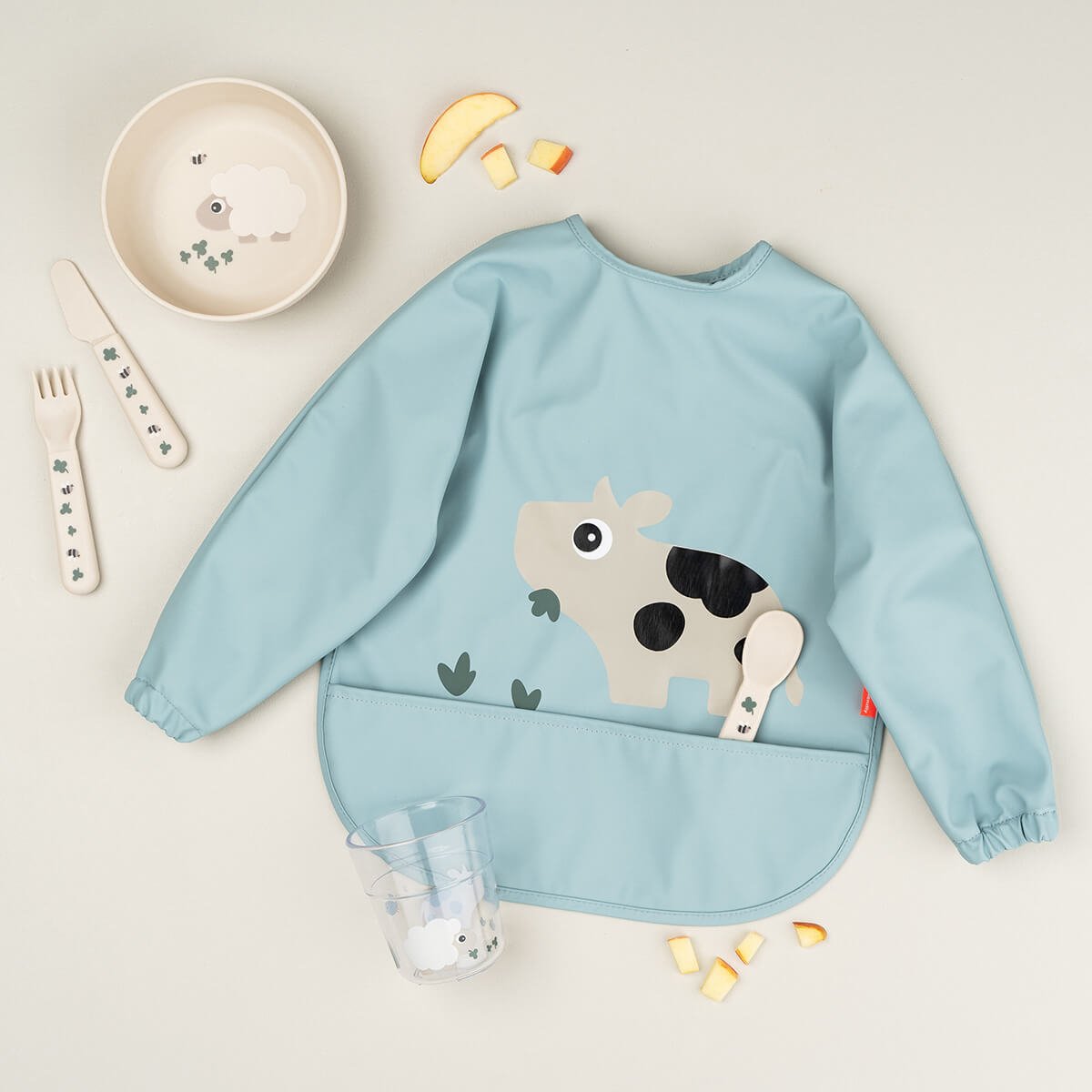 Done by Deer Sleeved pocket Bib Tiny Farm Blue