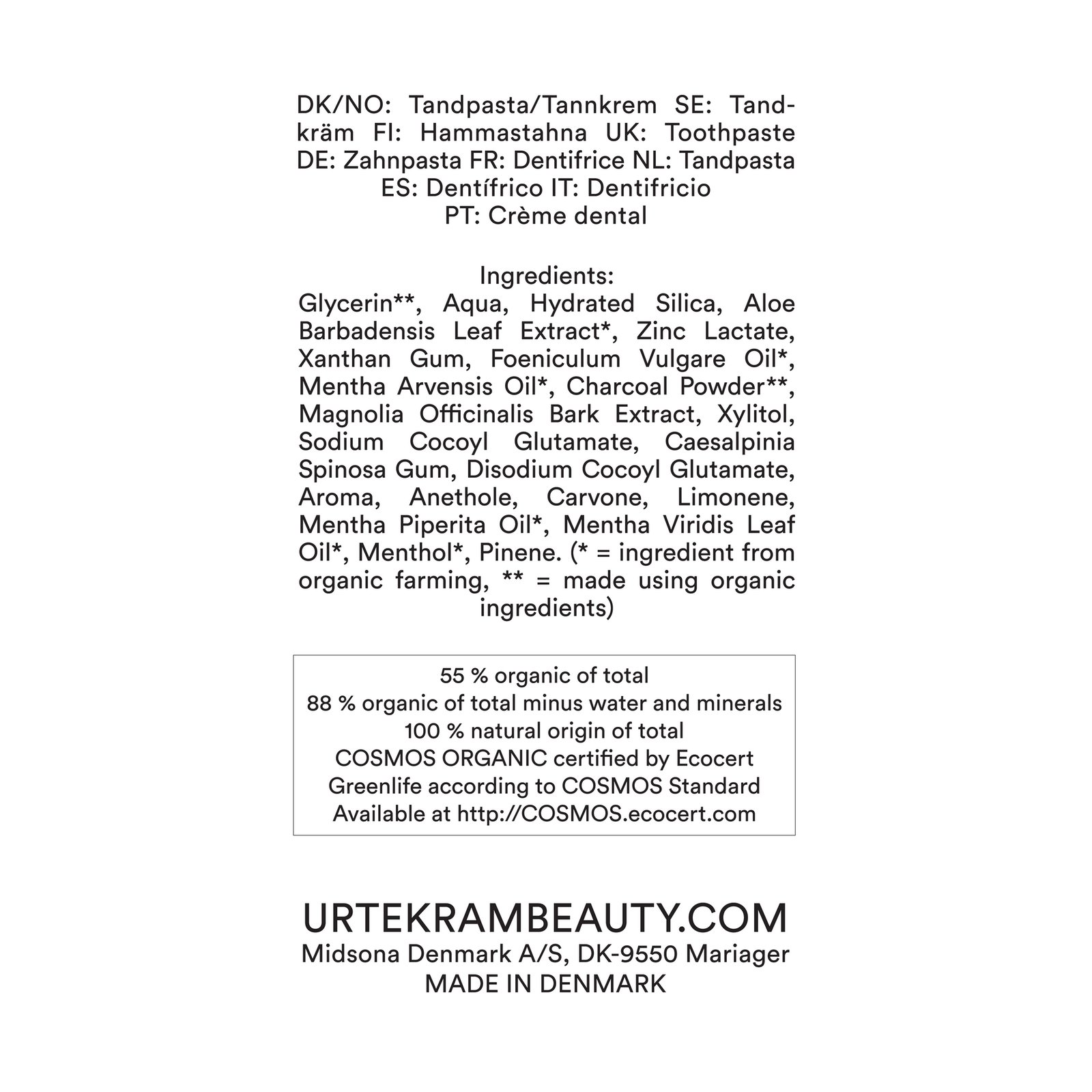Urtekram Beauty Toothpaste Charcoal 75 ml