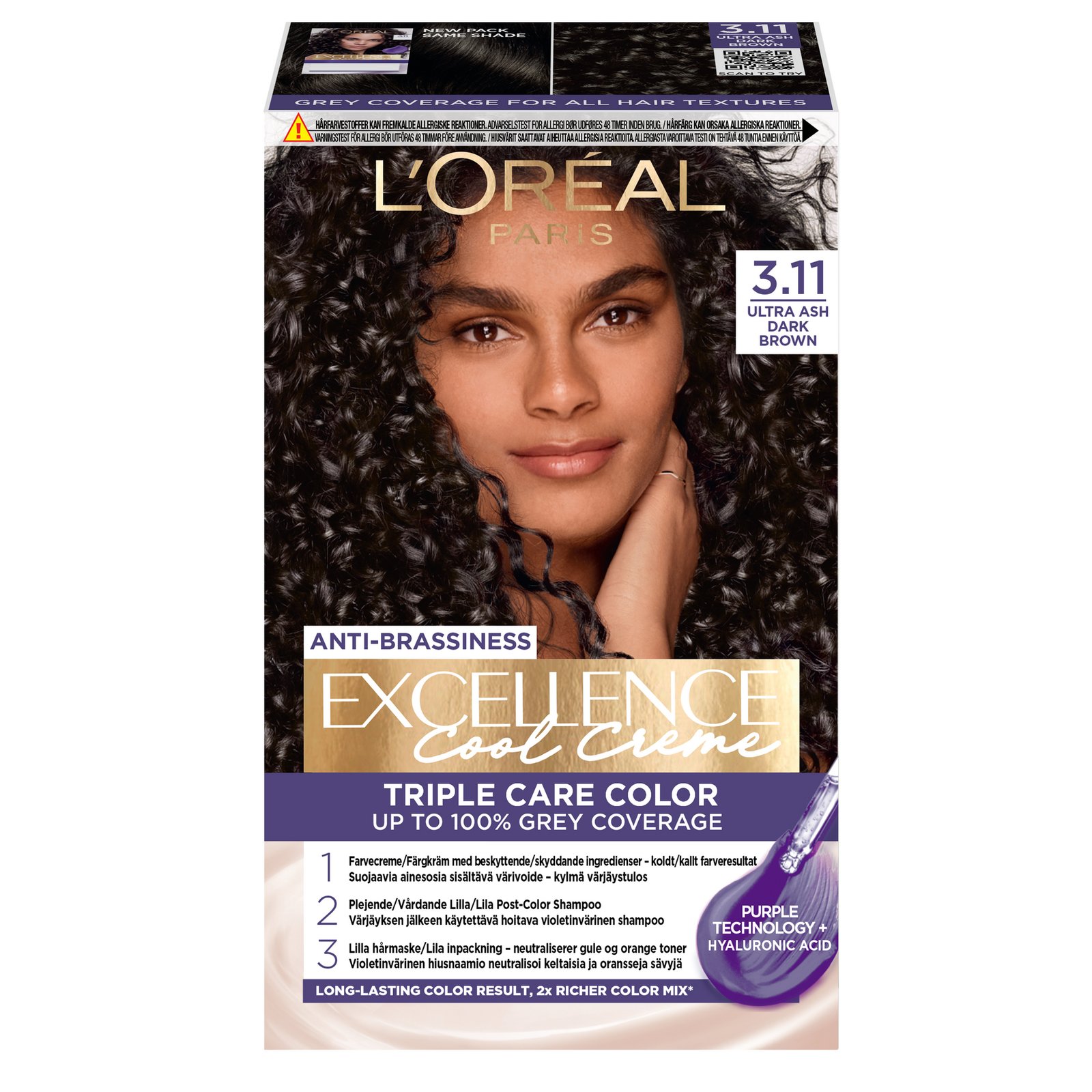 L'Oréal Paris Excellence Cool Creme Permanent Hårfärg för normalt hår 3.11 Ultra Ash Dark Brown 1 st