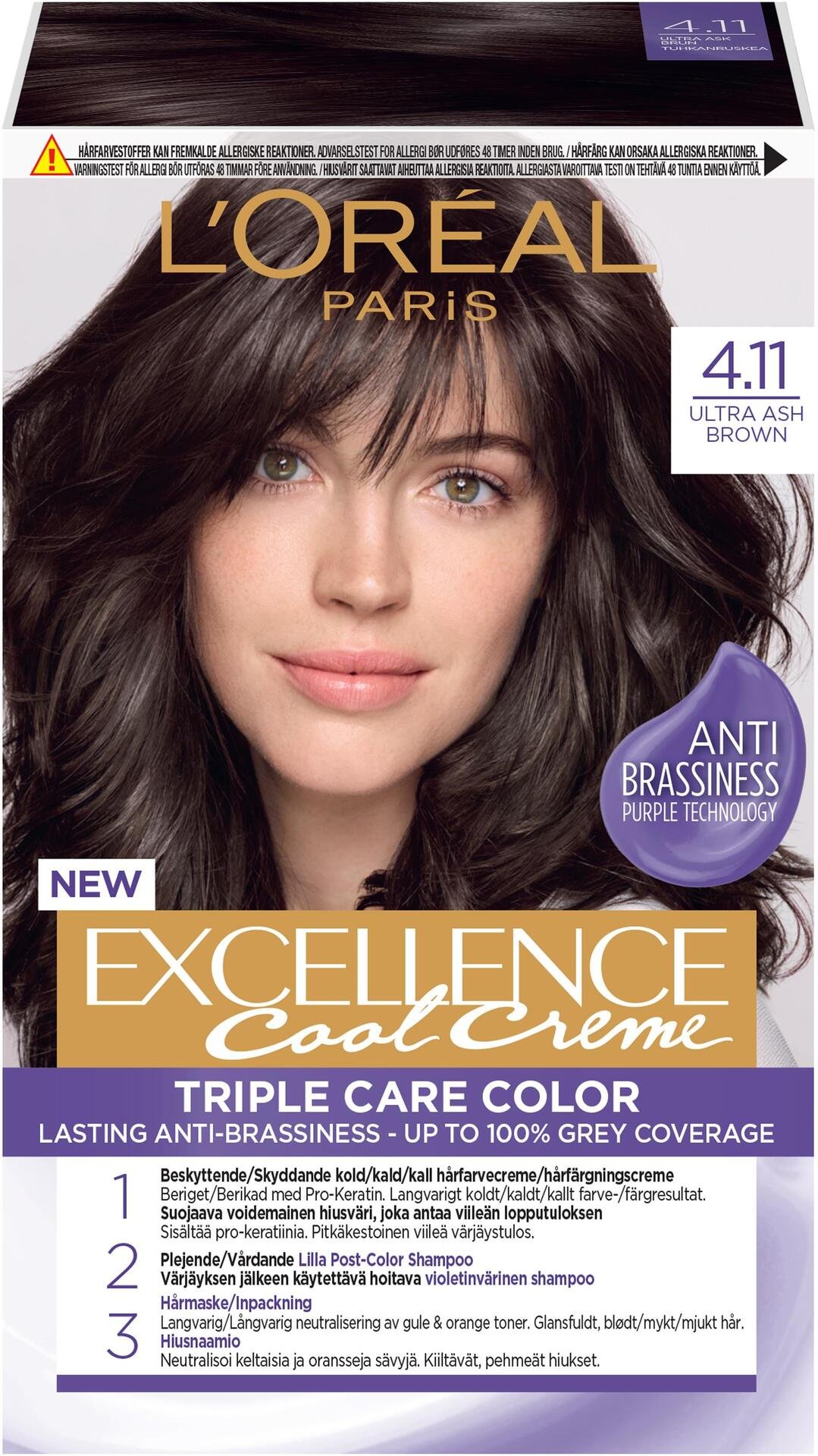 L'Oréal Paris Excellence Cool Creme Permanent Hårfärg för normalt hår 4.11 Ultra Ash Brown 1 st