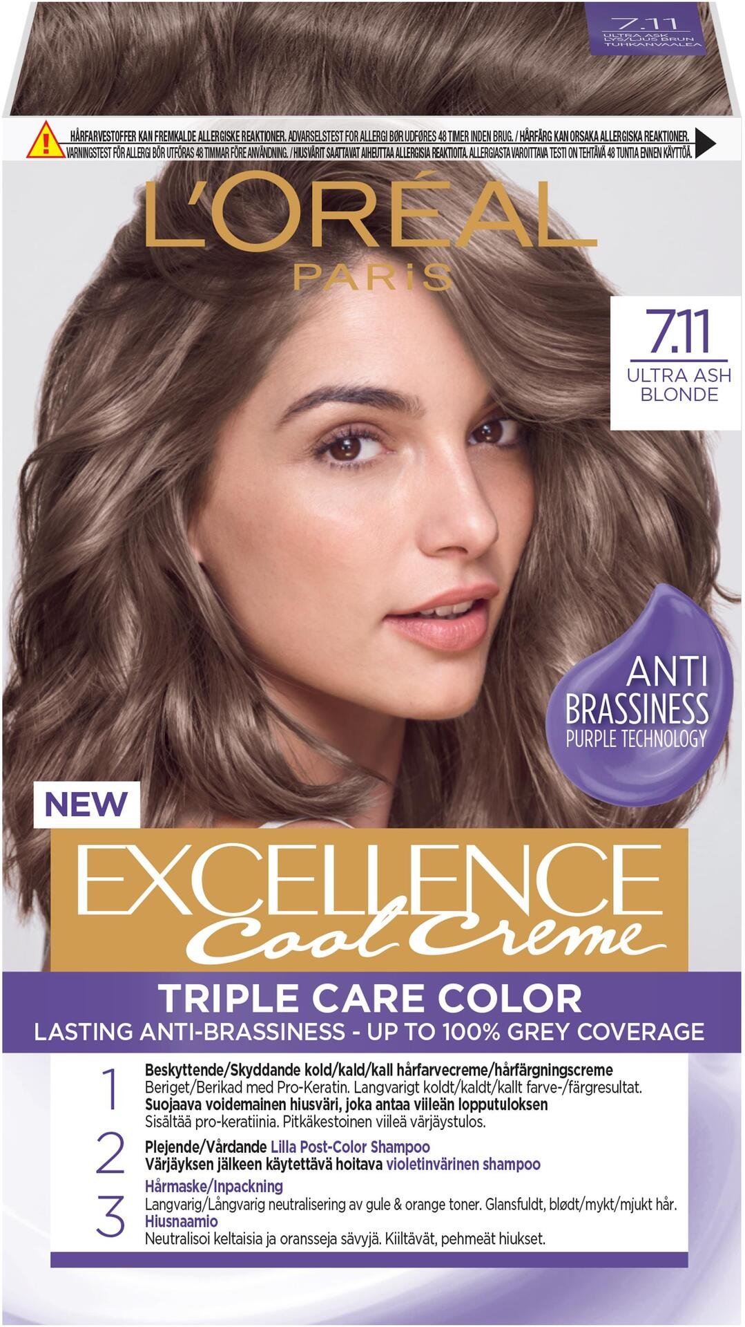 L'Oréal Paris Excellence Cool Creme Permanent Hårfärg för normalt hår 7.11 Ultra Ash Blonde 1 st