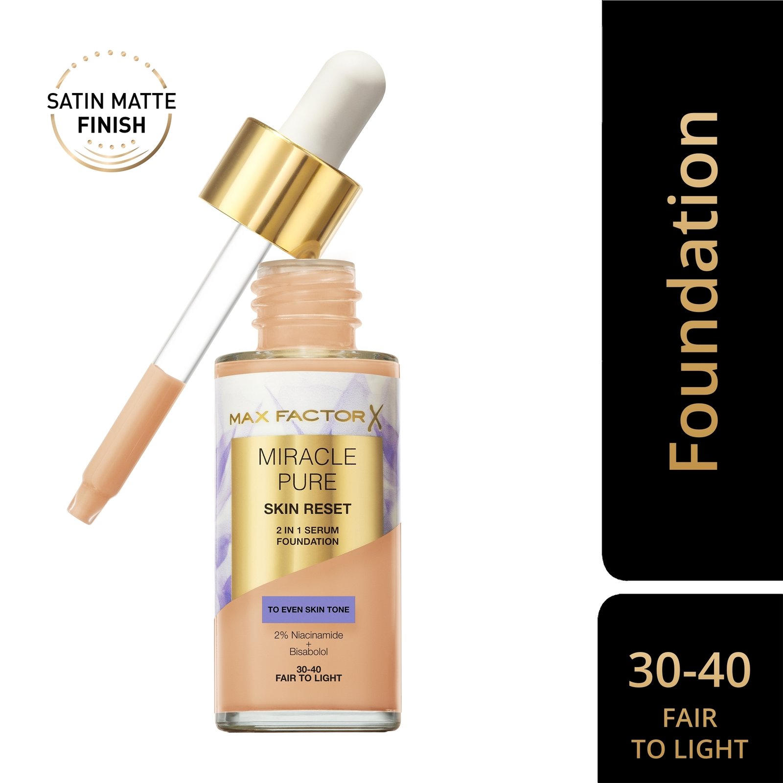 Max Factor Miracle Pure 2in1 Skin Reset Serum Foundation 30-40 Fair to Light 30ml