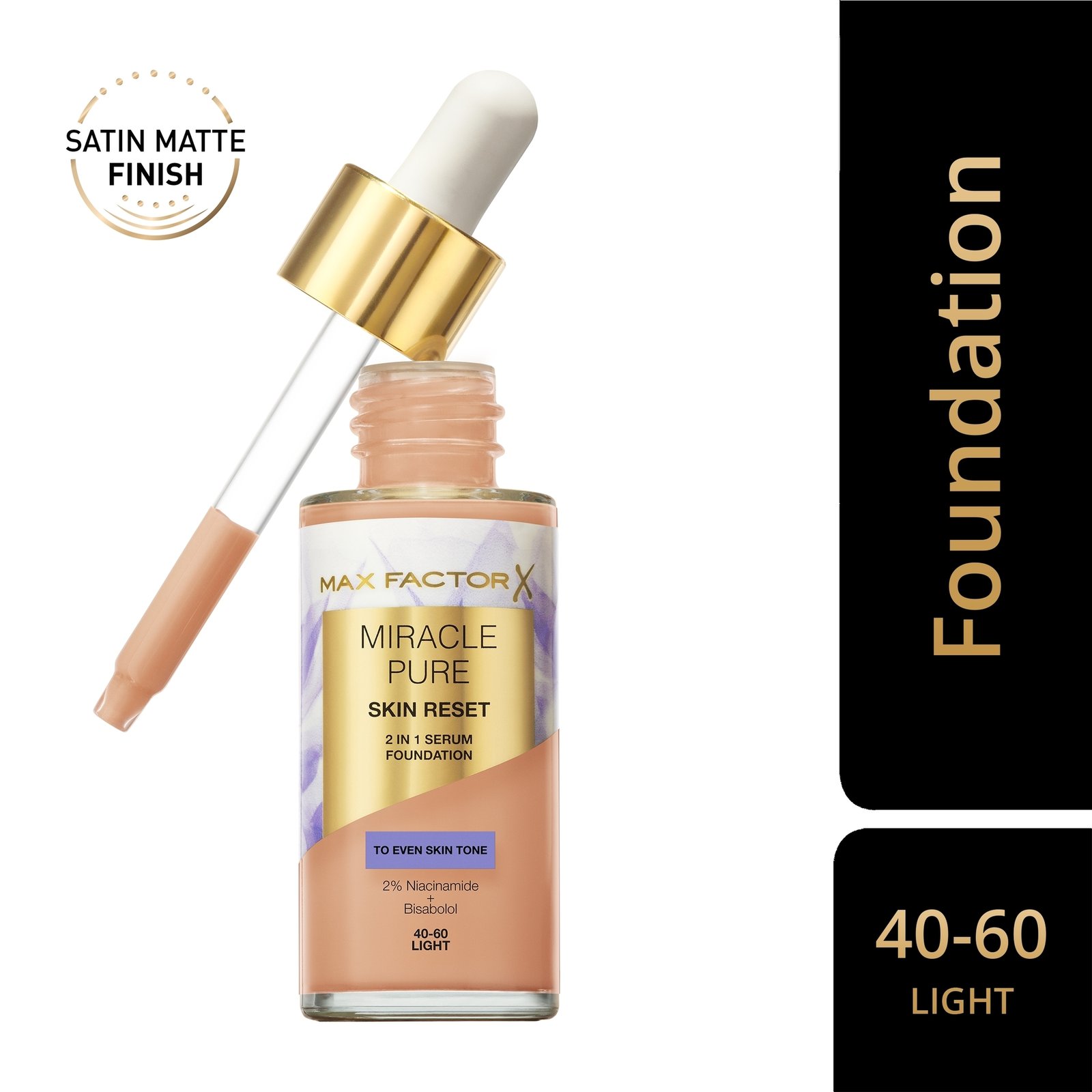 Max Factor Miracle Pure 2in1 Skin Reset Serum Foundation 40-60 Light, 30ml