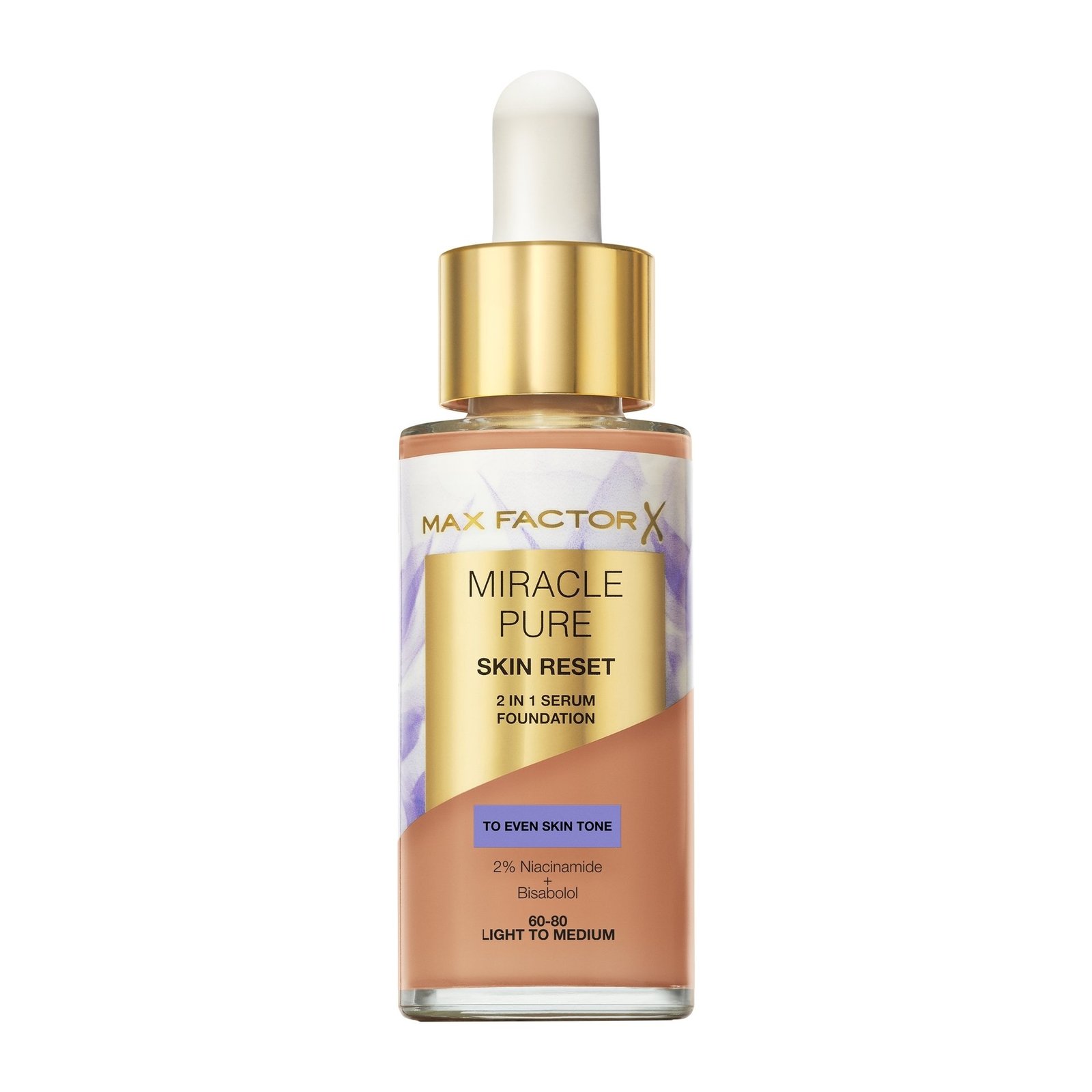 Max Factor Miracle Pure 2in1 Skin Reset Serum Foundation 60-80 Light to Medium 30ml