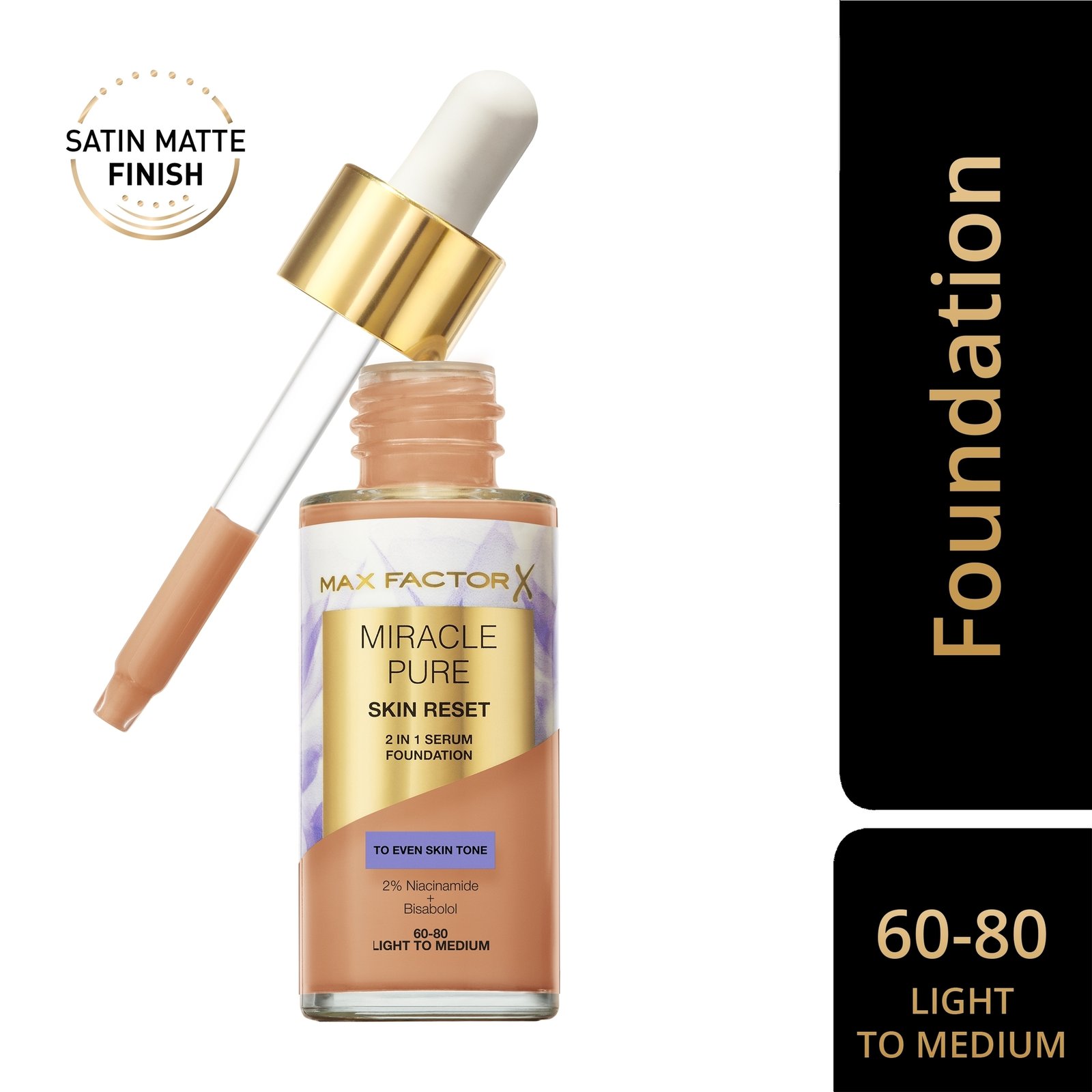 Max Factor Miracle Pure 2in1 Skin Reset Serum Foundation 60-80 Light to Medium 30ml