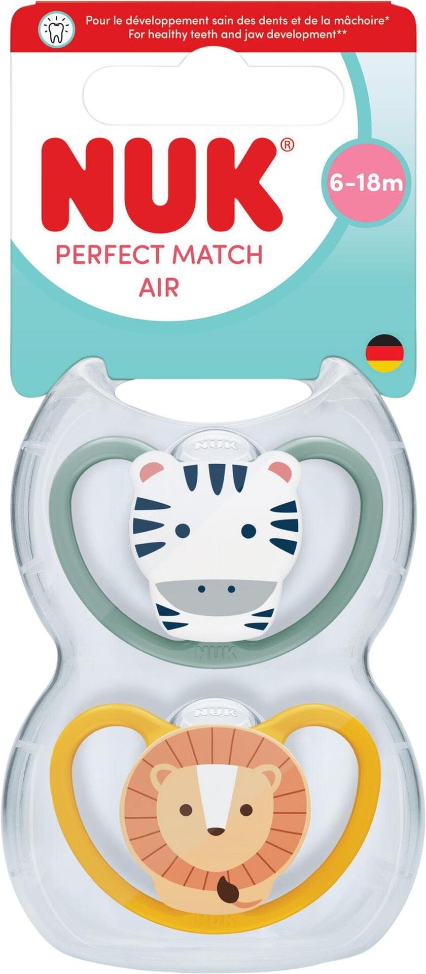 NUK Perfect Match Air Zebra/Lion, stl 6-18 mån 2 st