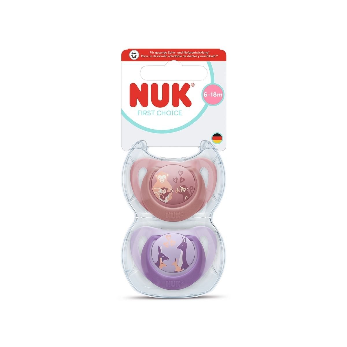 NUK First Choice Monkey/Kangaroo, stl 6-18 mån 2 st