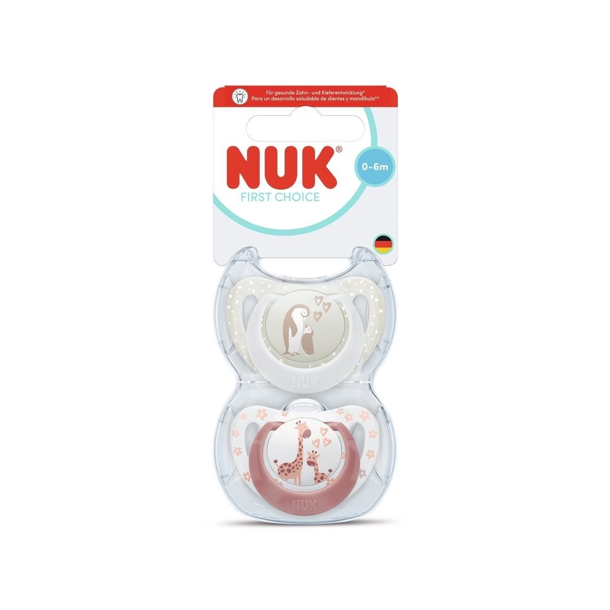 NUK First Choice Penguin/Giraffe, stl 0-6 mån 2 st