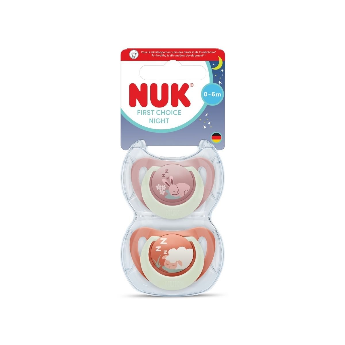 NUK First Choice Night Bunny/Sheep, stl 0-6 mån 2 st