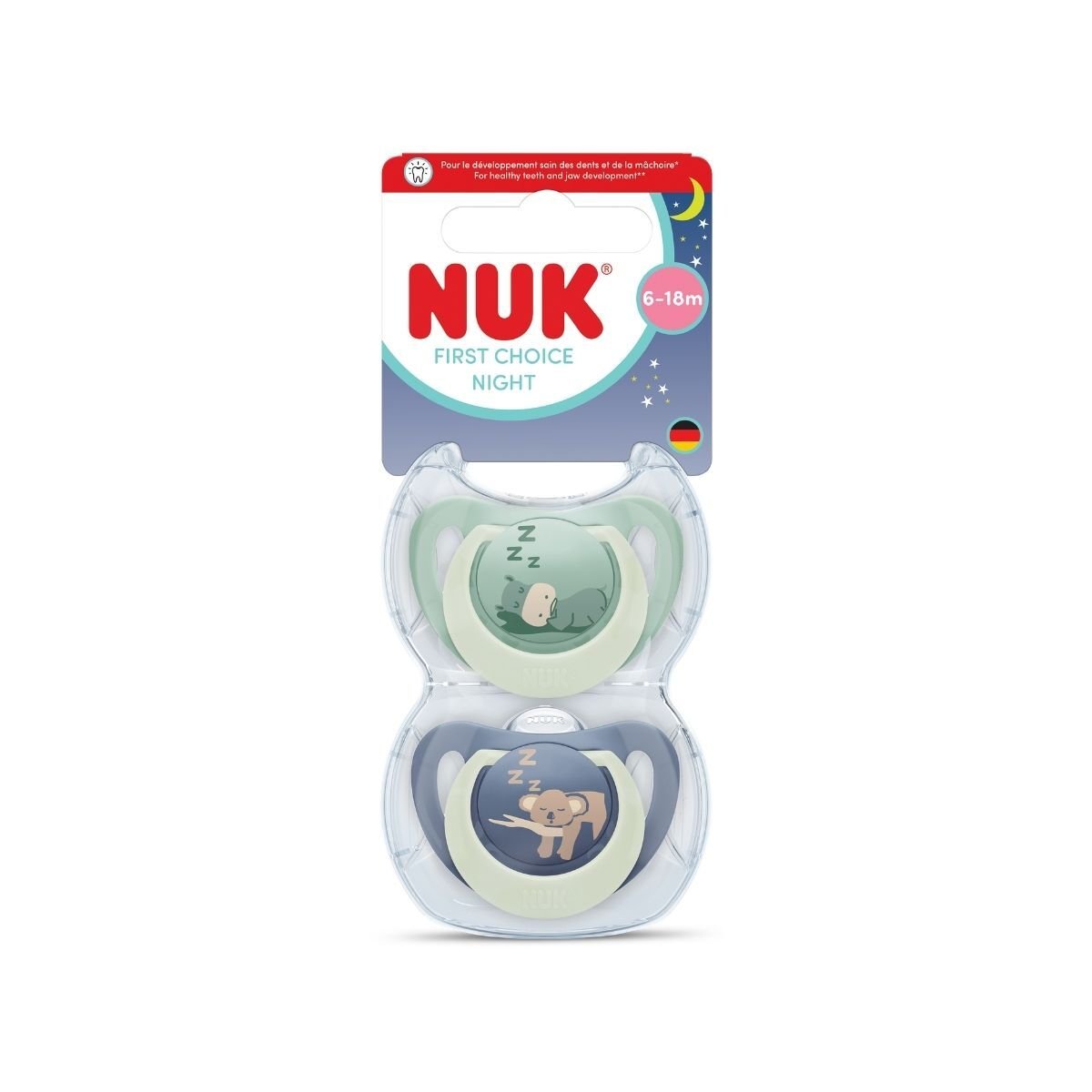 NUK First Choice Night Hippo/Koala, stl 6-18 mån 2 st