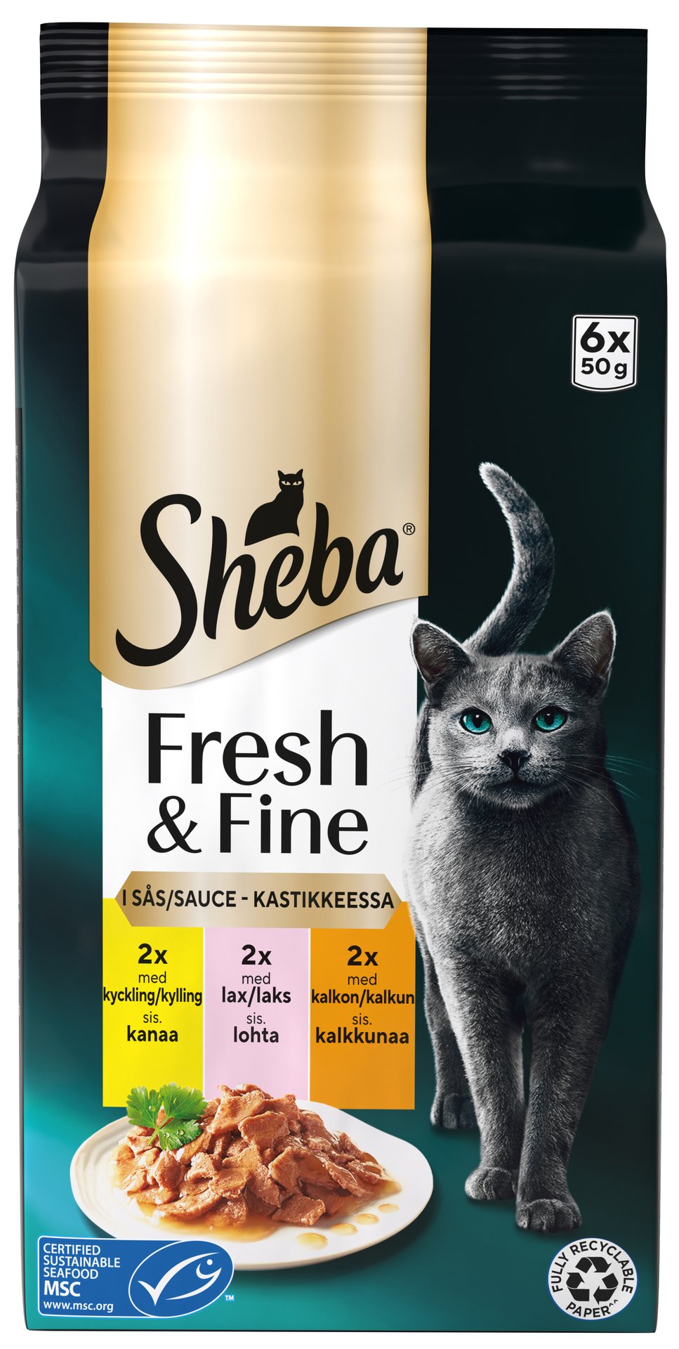 Sheba Fresh & Fine Kattmat Kyckling, Lax & Kalkon i sås 300 g