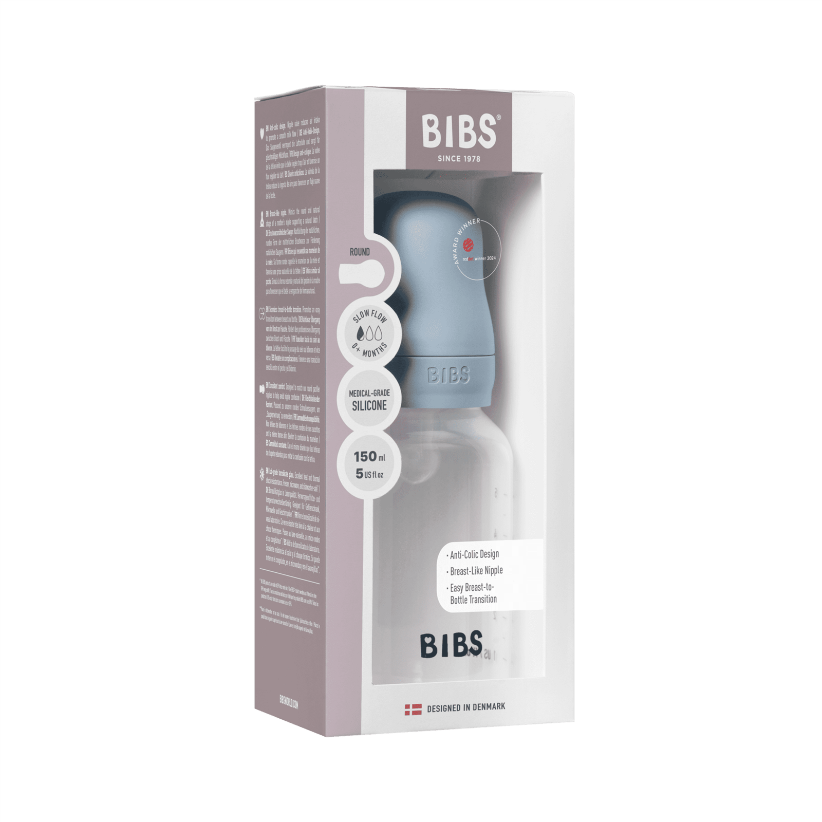 BIBS Baby Bottle Round Silicone Slow Flow Baby Blue 150 ml