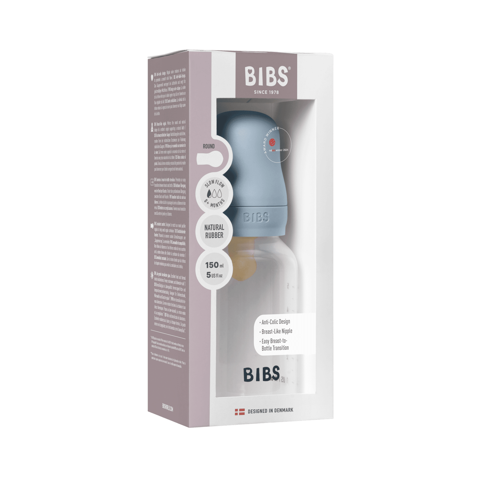 BIBS Baby Bottle Round Latex Slow Flow Baby Blue 150 ml