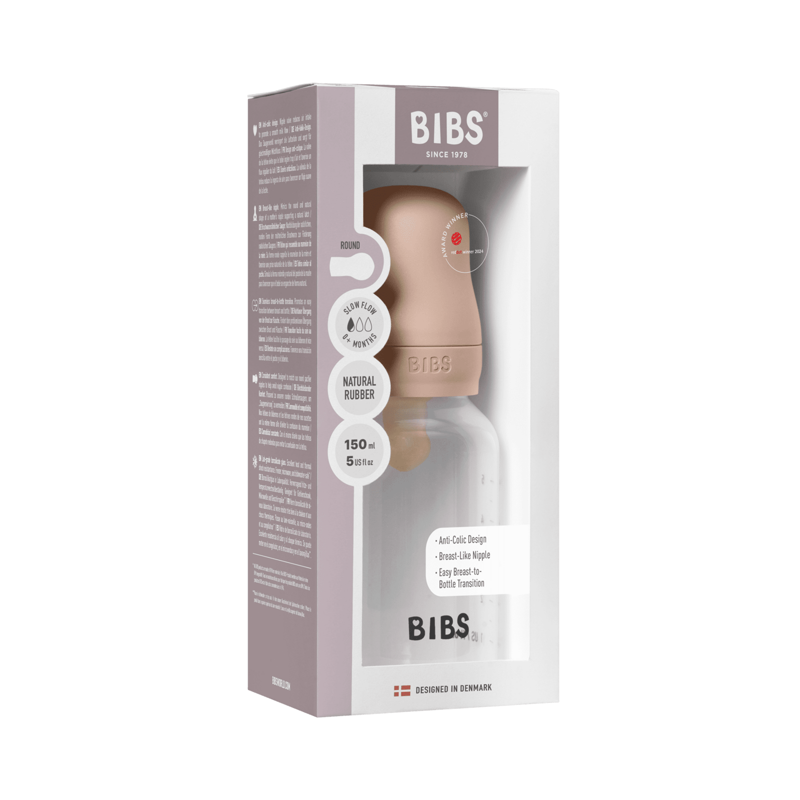 BIBS Baby Bottle Round Latex Slow Flow Blush 150 ml