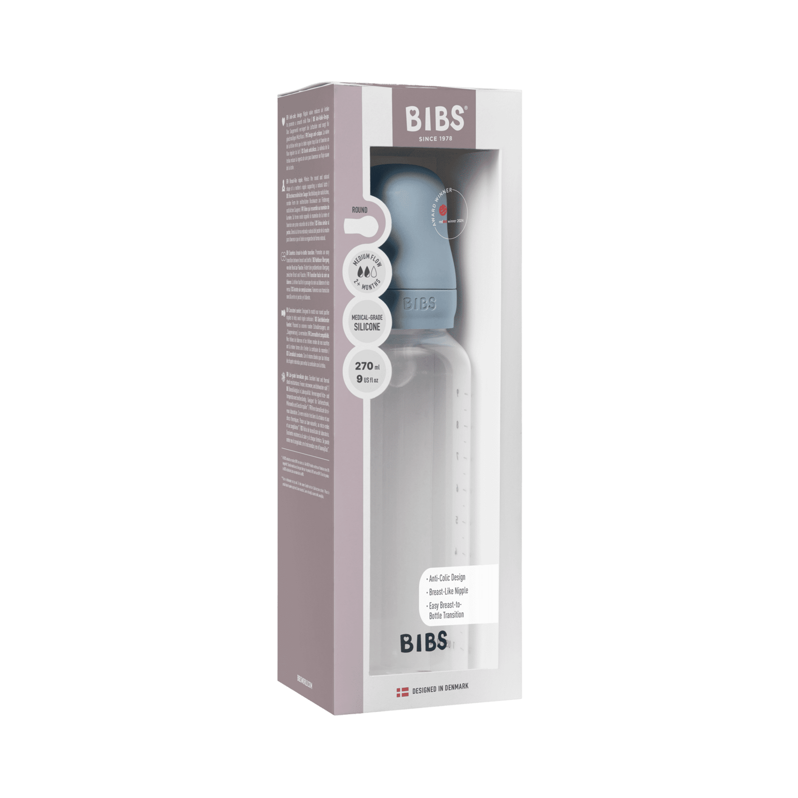BIBS Baby Bottle Round Silicone Medium Flow Baby Blue 270 ml