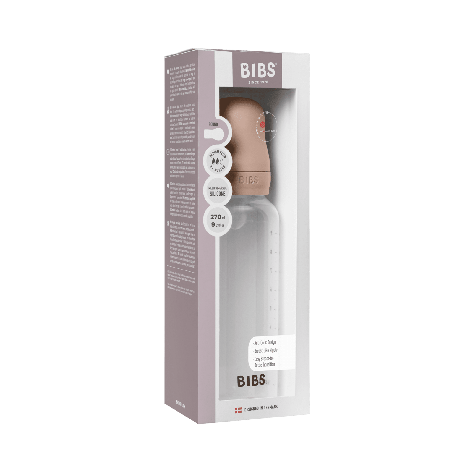 BIBS Baby Bottle Round Silicone Medium Flow Blush 270 ml