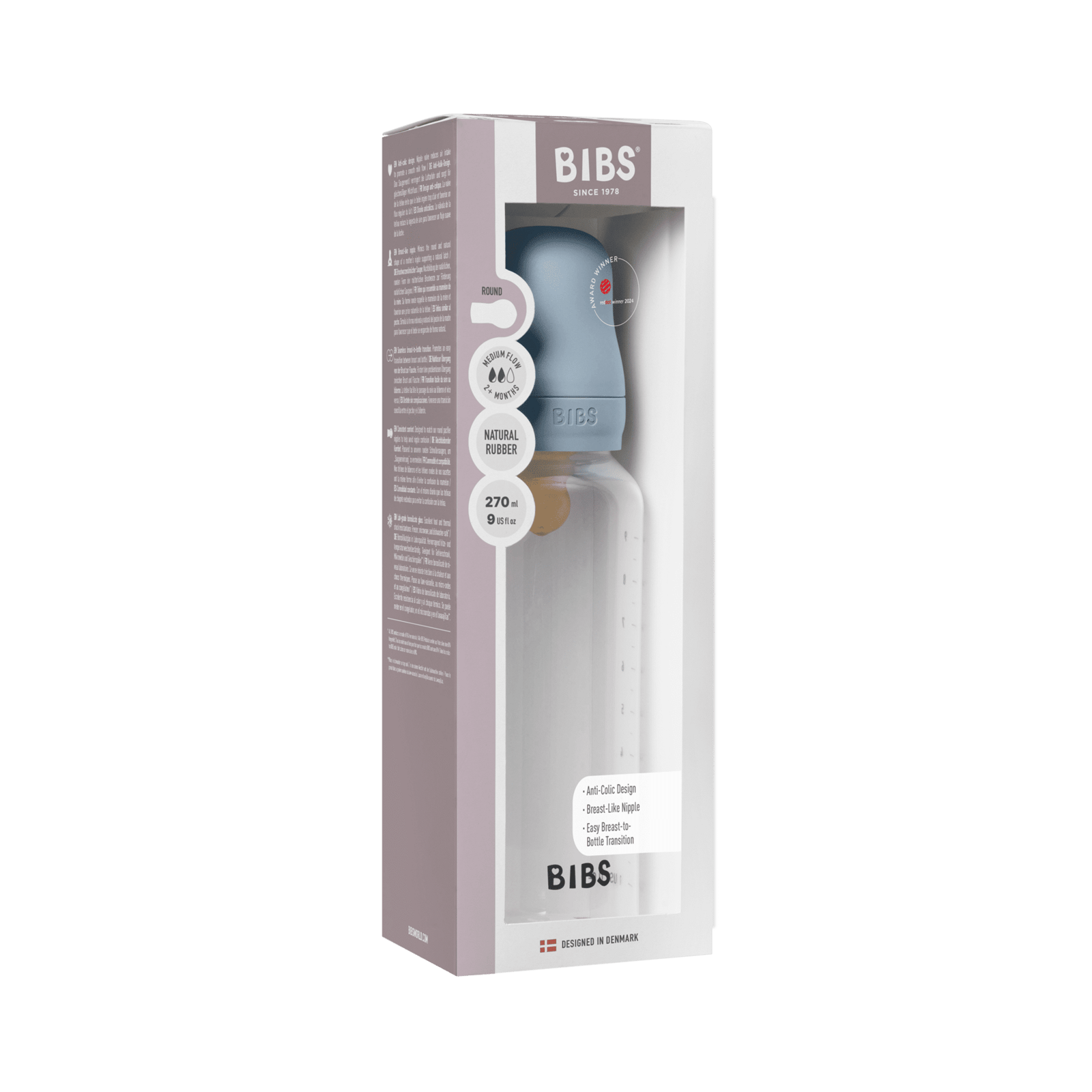 BIBS Baby Bottle Round Latex Medium Flow Baby Blue 270 ml