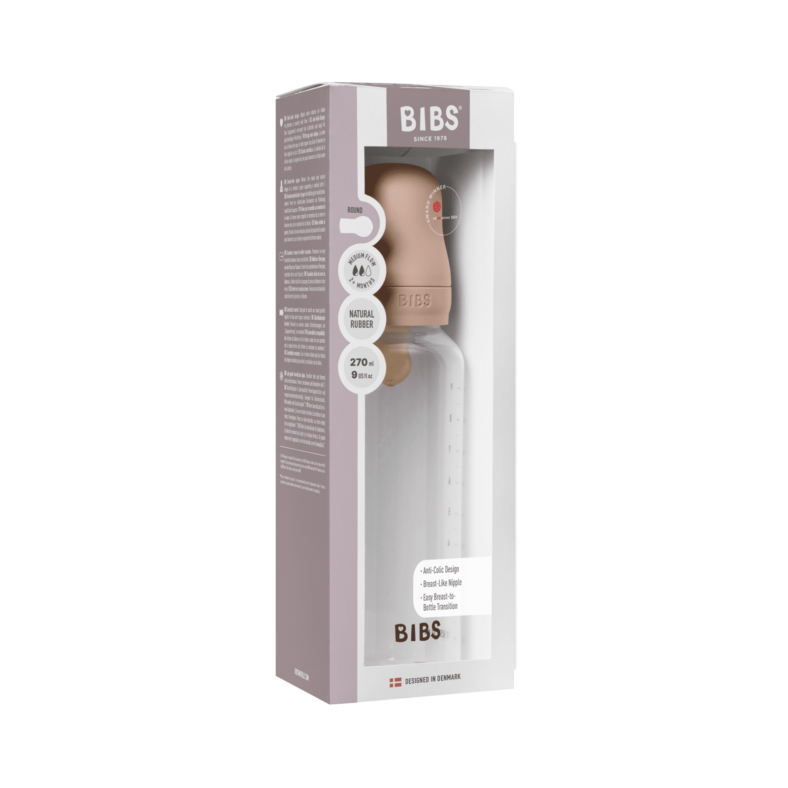 BIBS Baby Bottle Round Latex Medium Flow Blush 270 ml