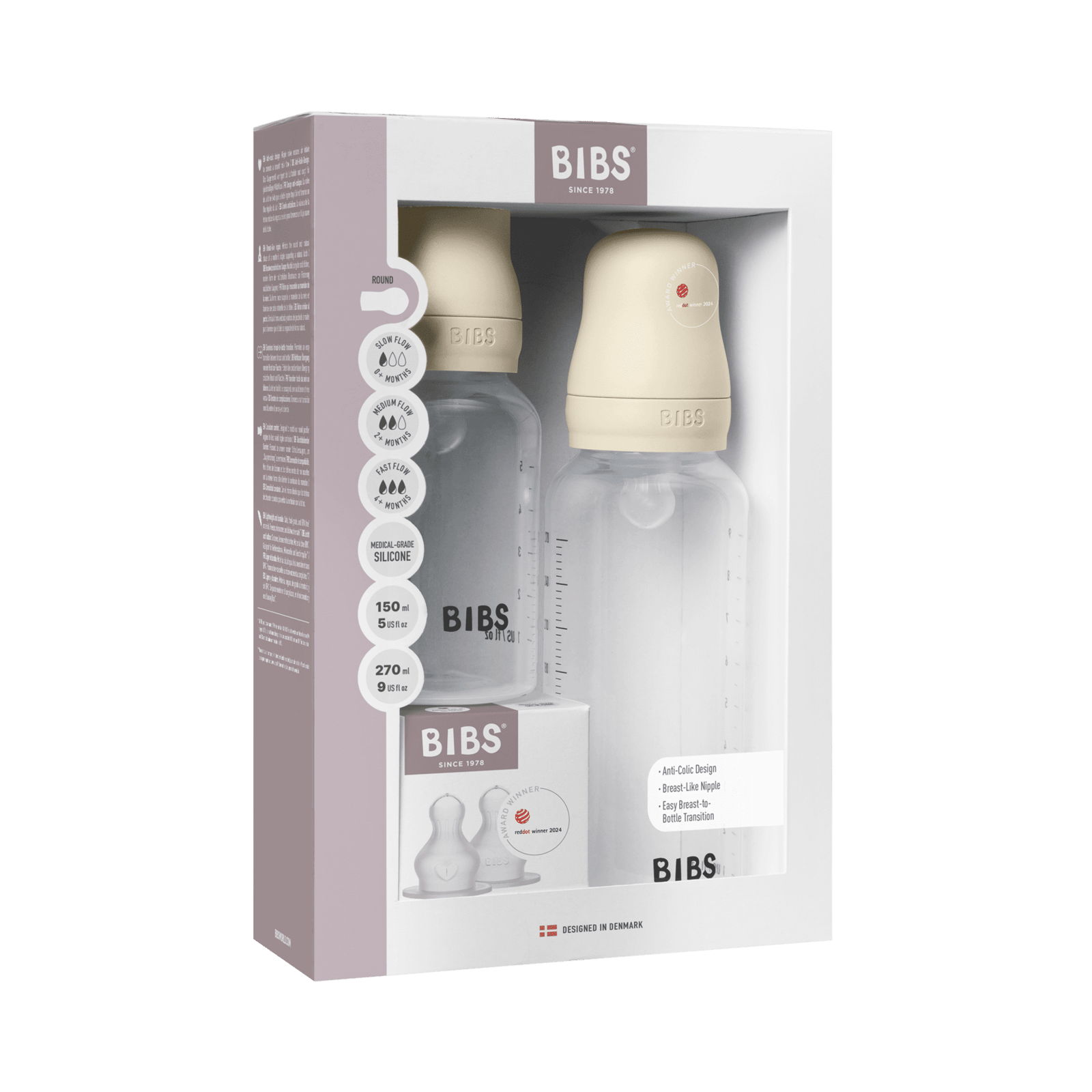 BIBS Grow and Flow Baby Bottle Round Silicone Set Ivory 150 ml + 270ml