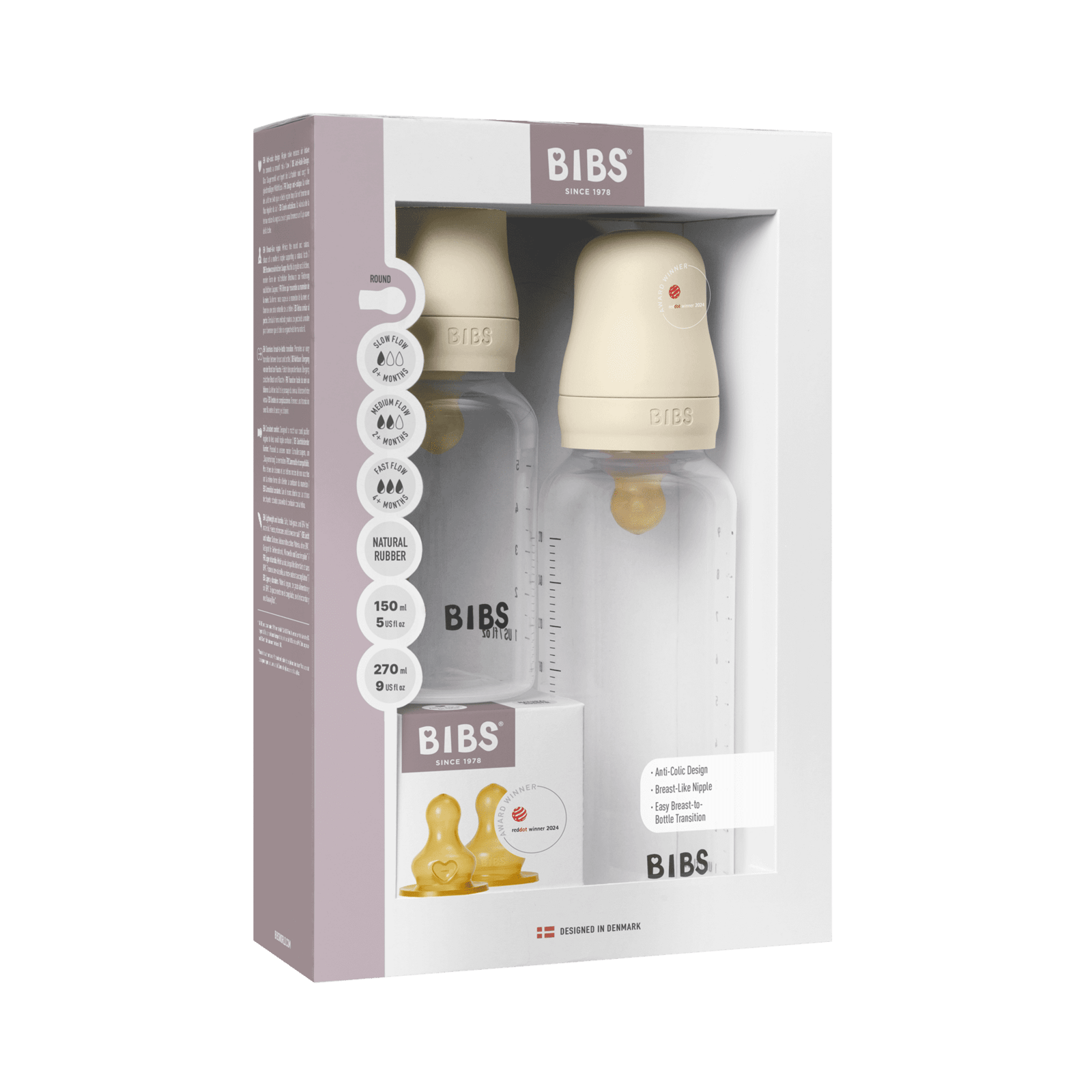 BIBS Grow and Flow Baby Bottle Round Latex Set Ivory 150 ml + 270ml