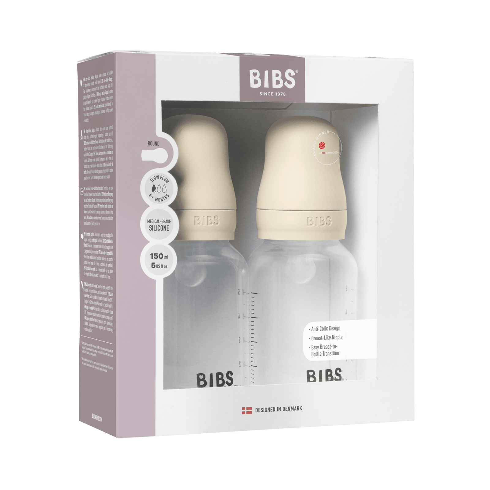 BIBS Baby Bottle Round Silicone Slow Flow Ivory 150 ml 2-pack
